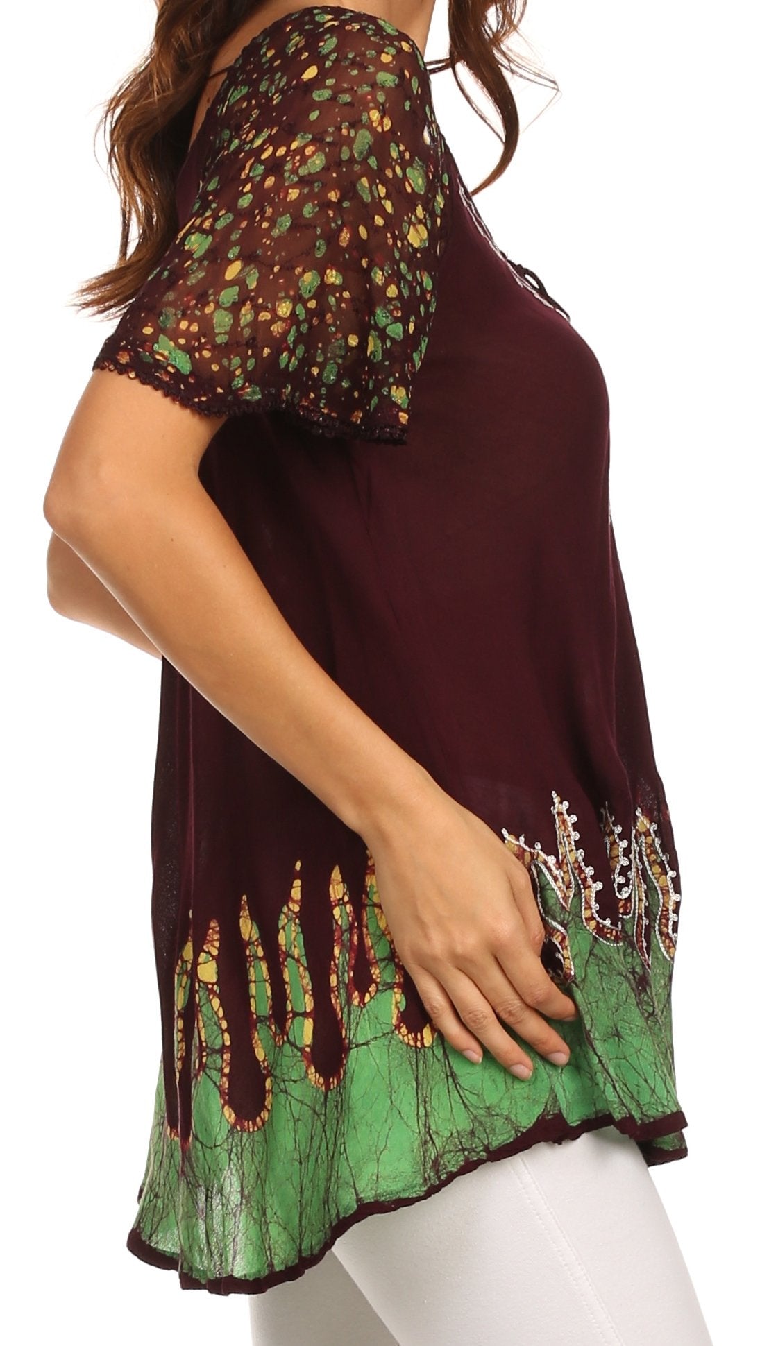 Sakkas - Cora Relaxed Fit Batik Design Embroidery Cap Sleeves Blouse / Top