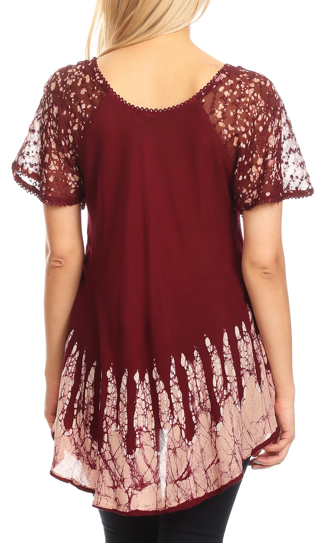 Sakkas - Cora Relaxed Fit Batik Design Embroidery Cap Sleeves Blouse / Top