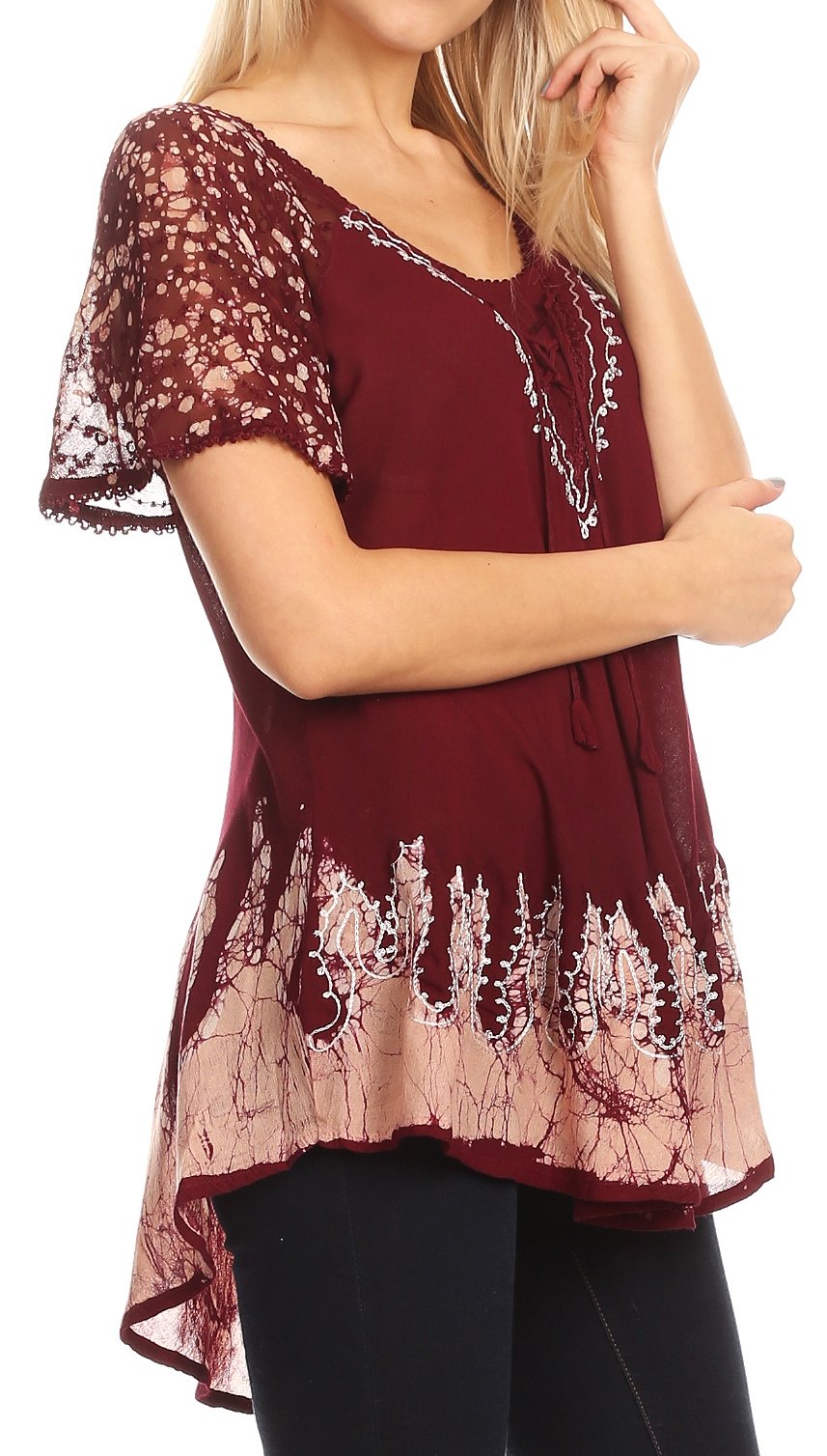 Sakkas - Cora Relaxed Fit Batik Design Embroidery Cap Sleeves Blouse / Top