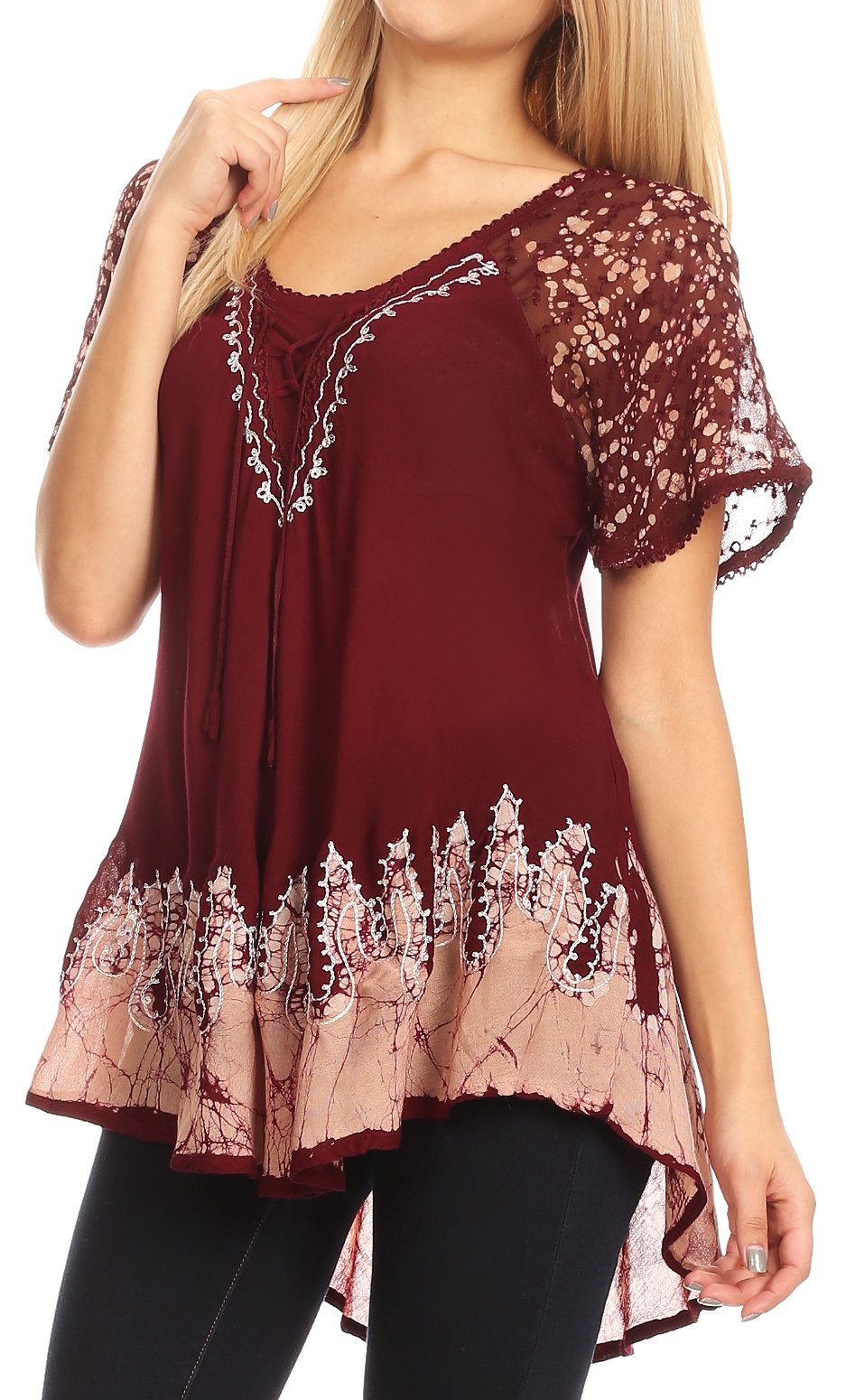 Sakkas - Cora Relaxed Fit Batik Design Embroidery Cap Sleeves Blouse / Top