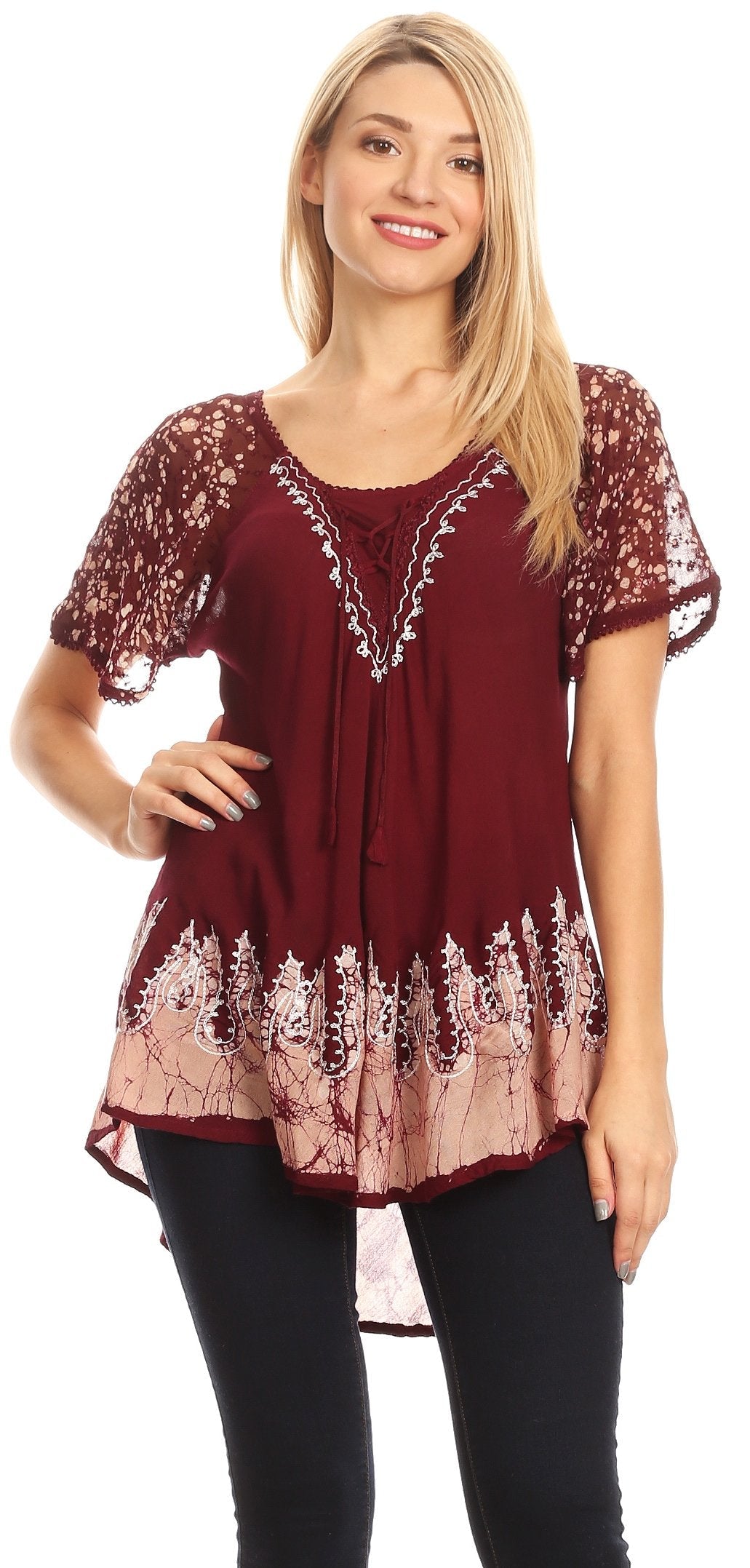 Sakkas - Cora Relaxed Fit Batik Design Embroidery Cap Sleeves Blouse / Top