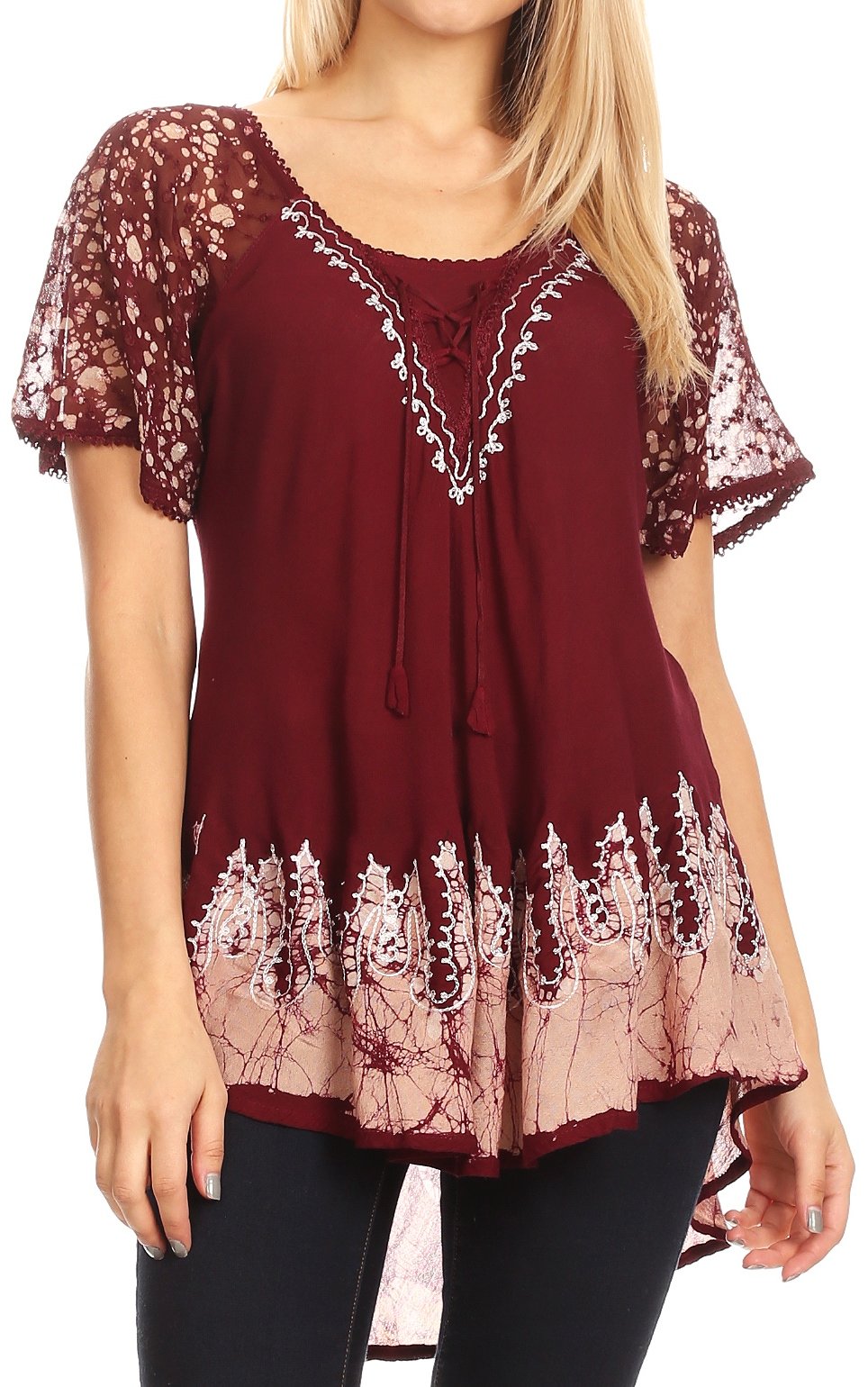 Sakkas - Cora Relaxed Fit Batik Design Embroidery Cap Sleeves Blouse / Top