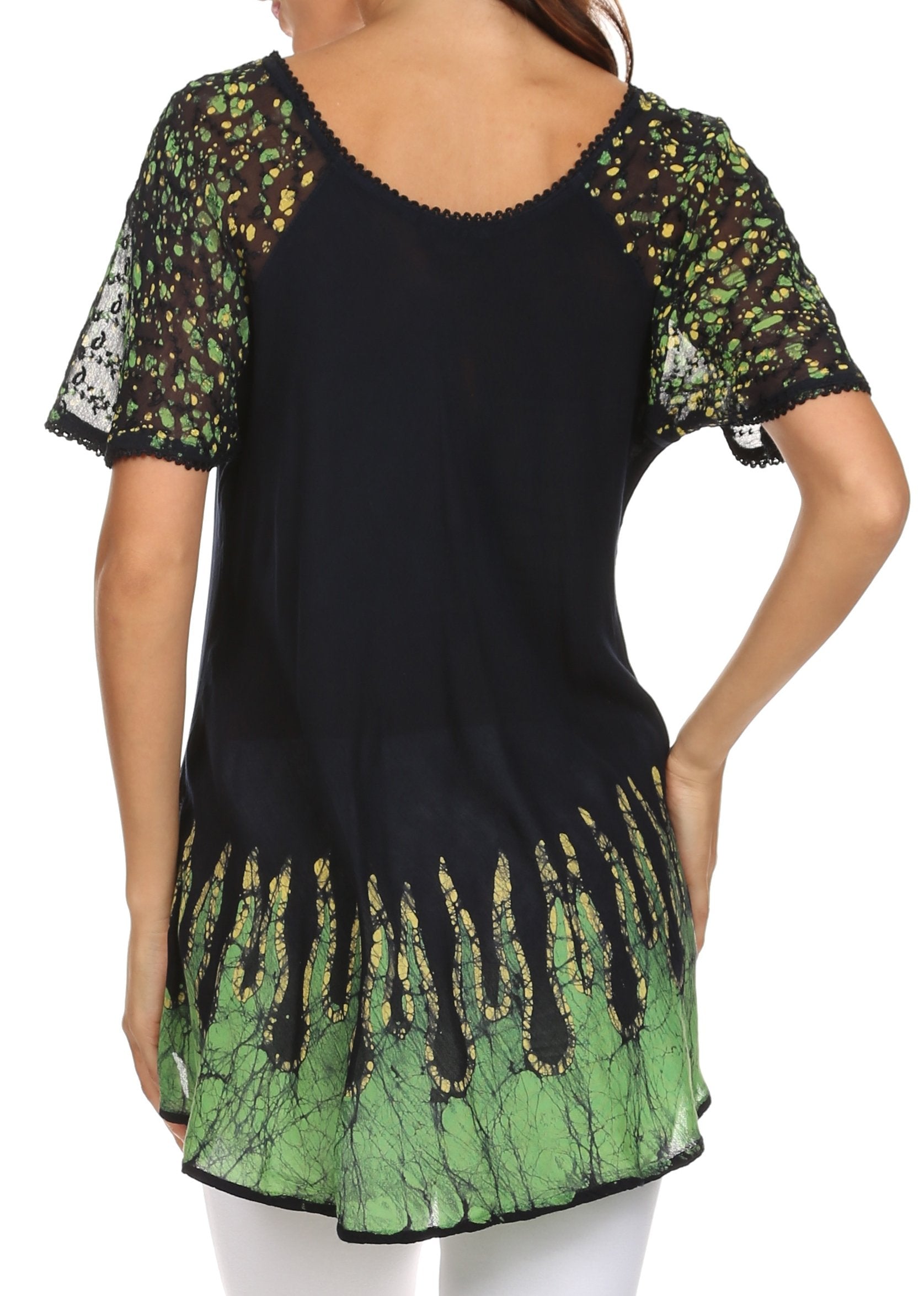 Sakkas - Cora Relaxed Fit Batik Design Embroidery Cap Sleeves Blouse / Top