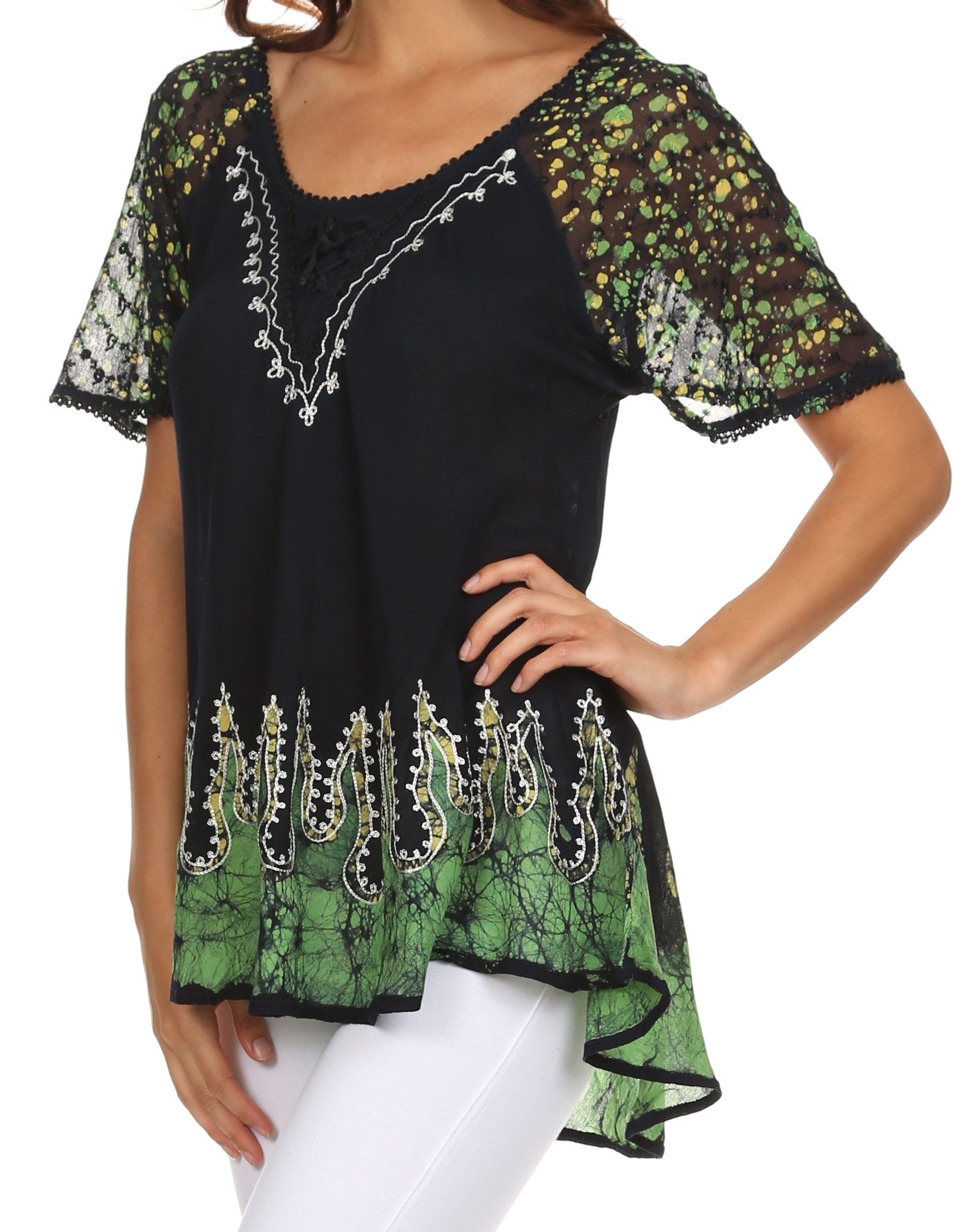 Sakkas - Cora Relaxed Fit Batik Design Embroidery Cap Sleeves Blouse / Top