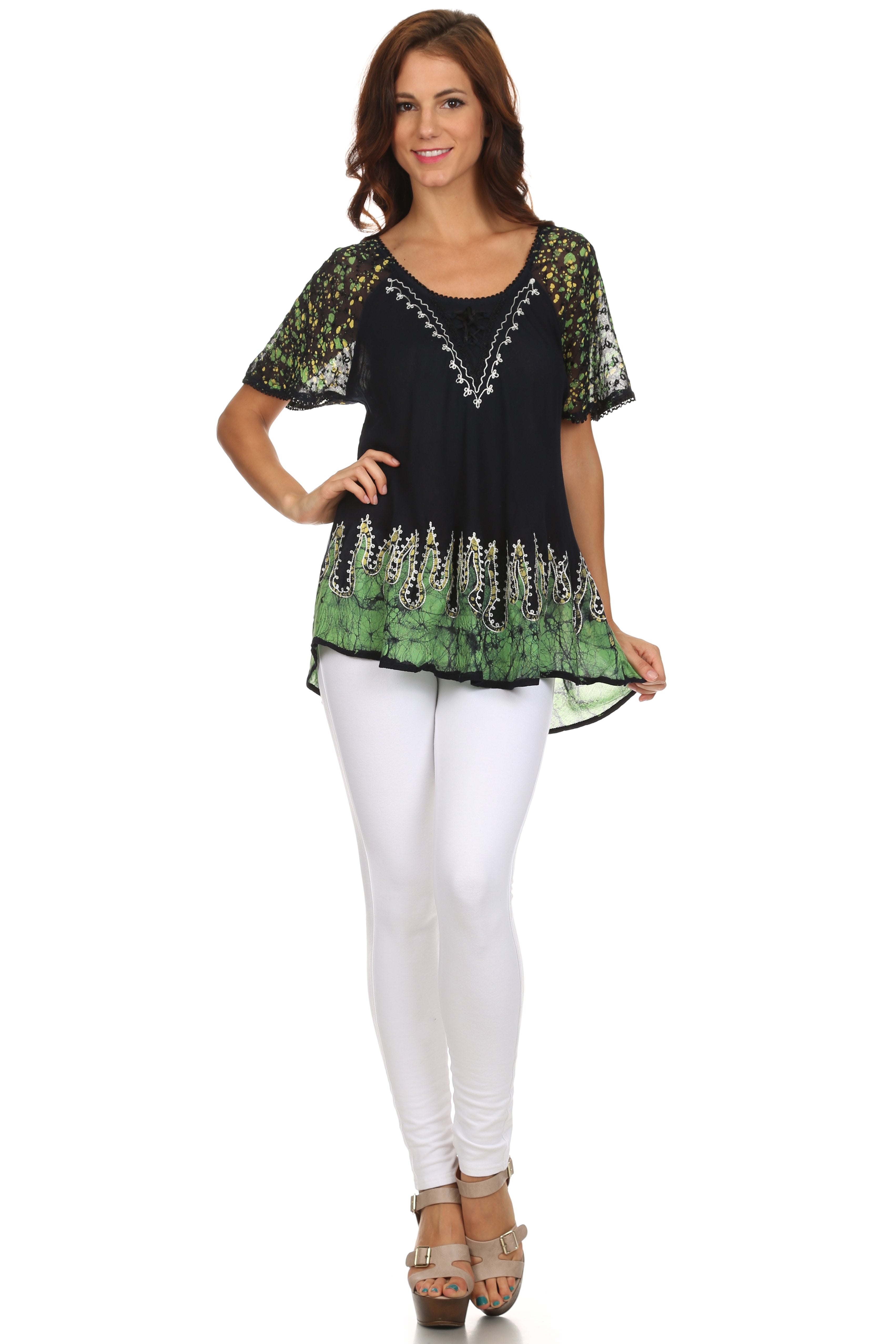 Sakkas - Cora Relaxed Fit Batik Design Embroidery Cap Sleeves Blouse / Top