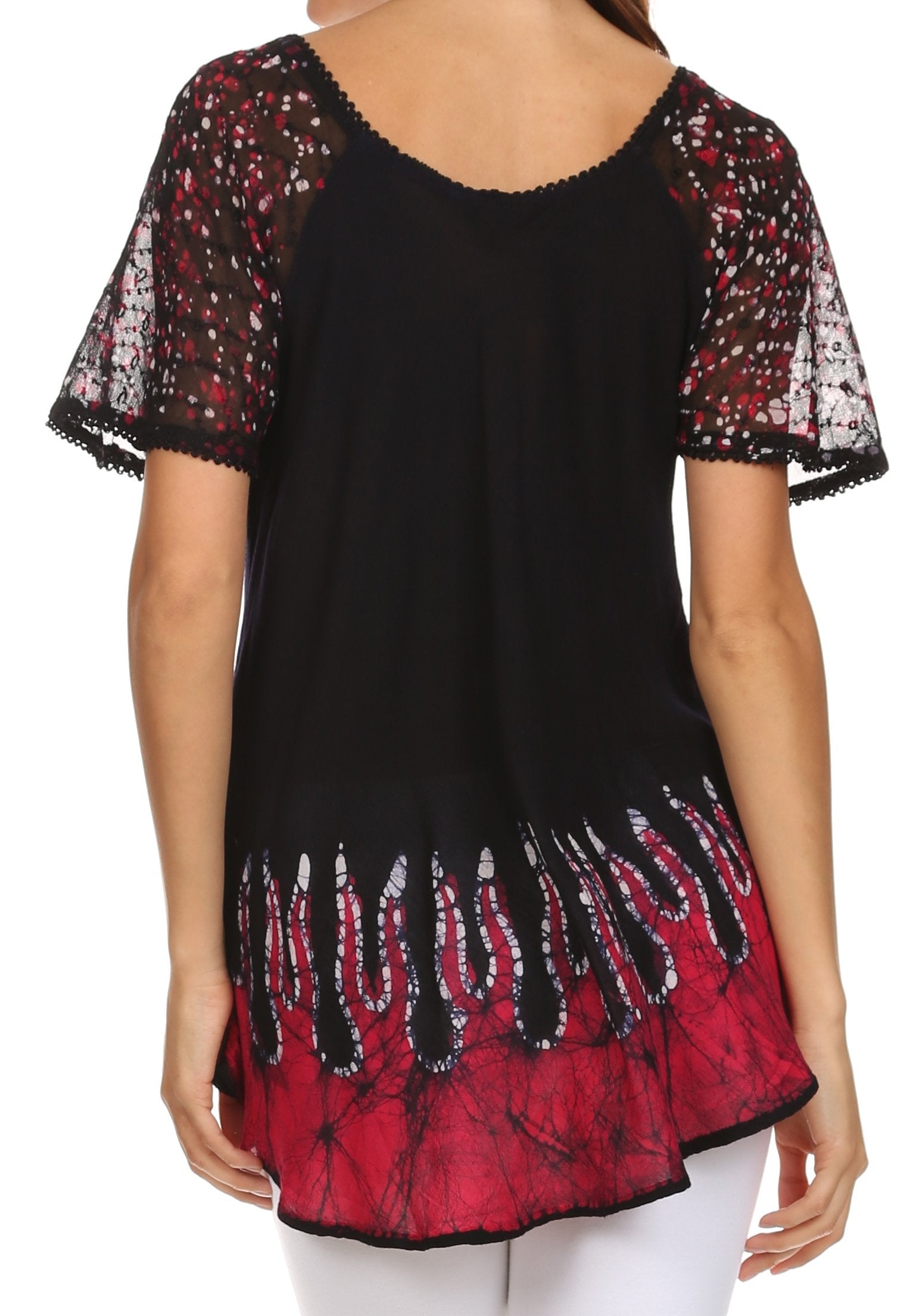 Sakkas - Cora Relaxed Fit Batik Design Embroidery Cap Sleeves Blouse / Top