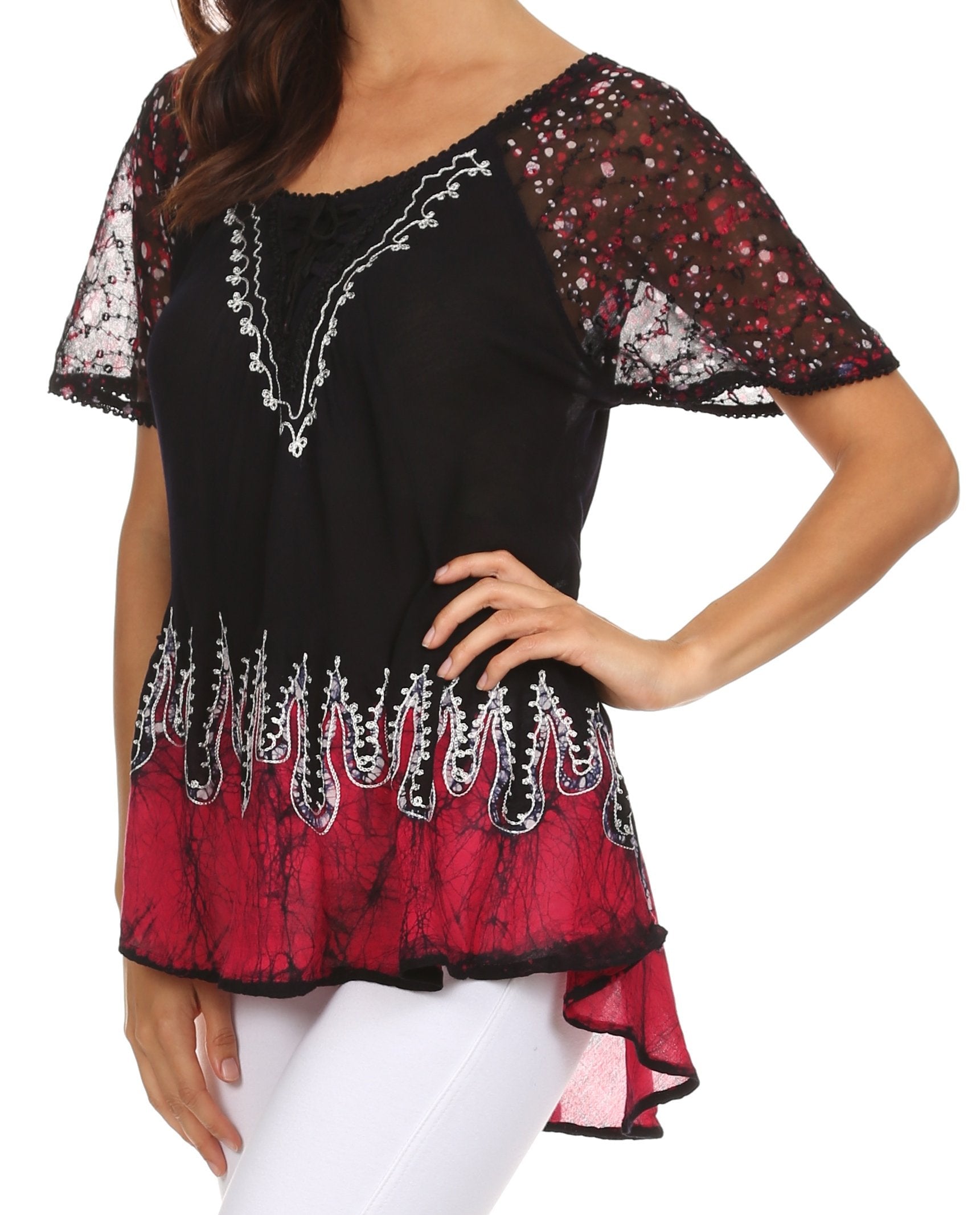 Sakkas - Cora Relaxed Fit Batik Design Embroidery Cap Sleeves Blouse / Top