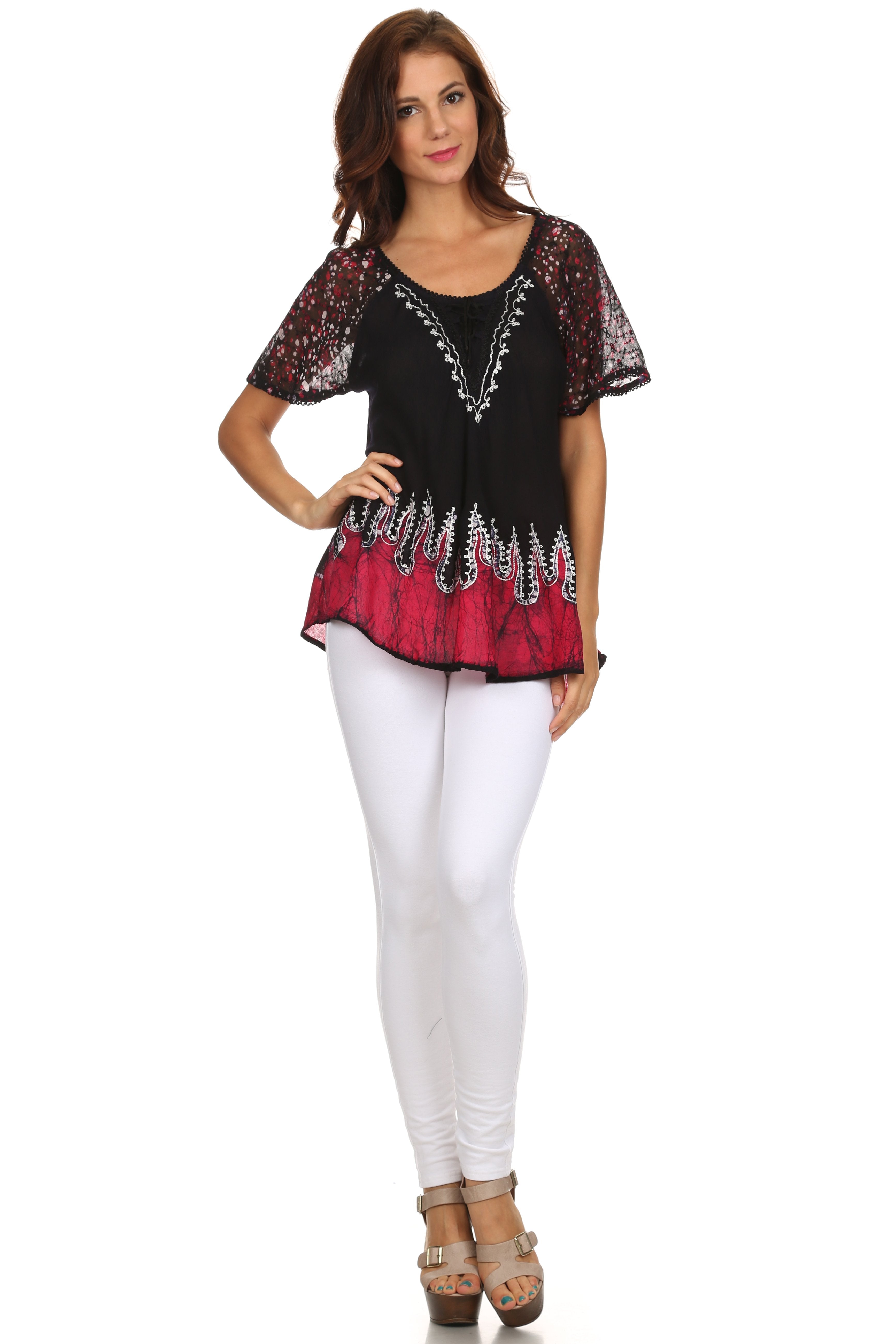 Sakkas - Cora Relaxed Fit Batik Design Embroidery Cap Sleeves Blouse / Top
