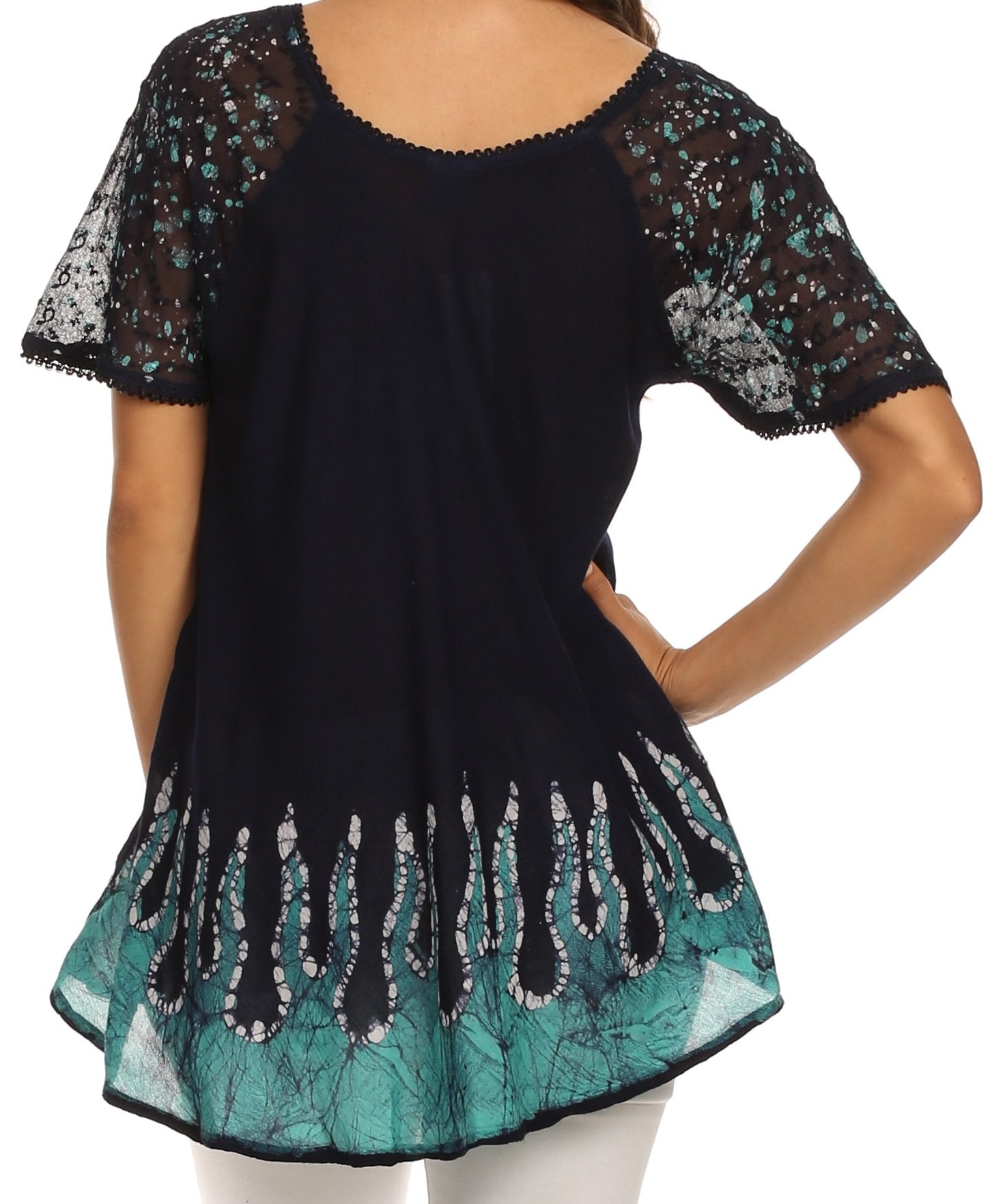 Sakkas - Cora Relaxed Fit Batik Design Embroidery Cap Sleeves Blouse / Top