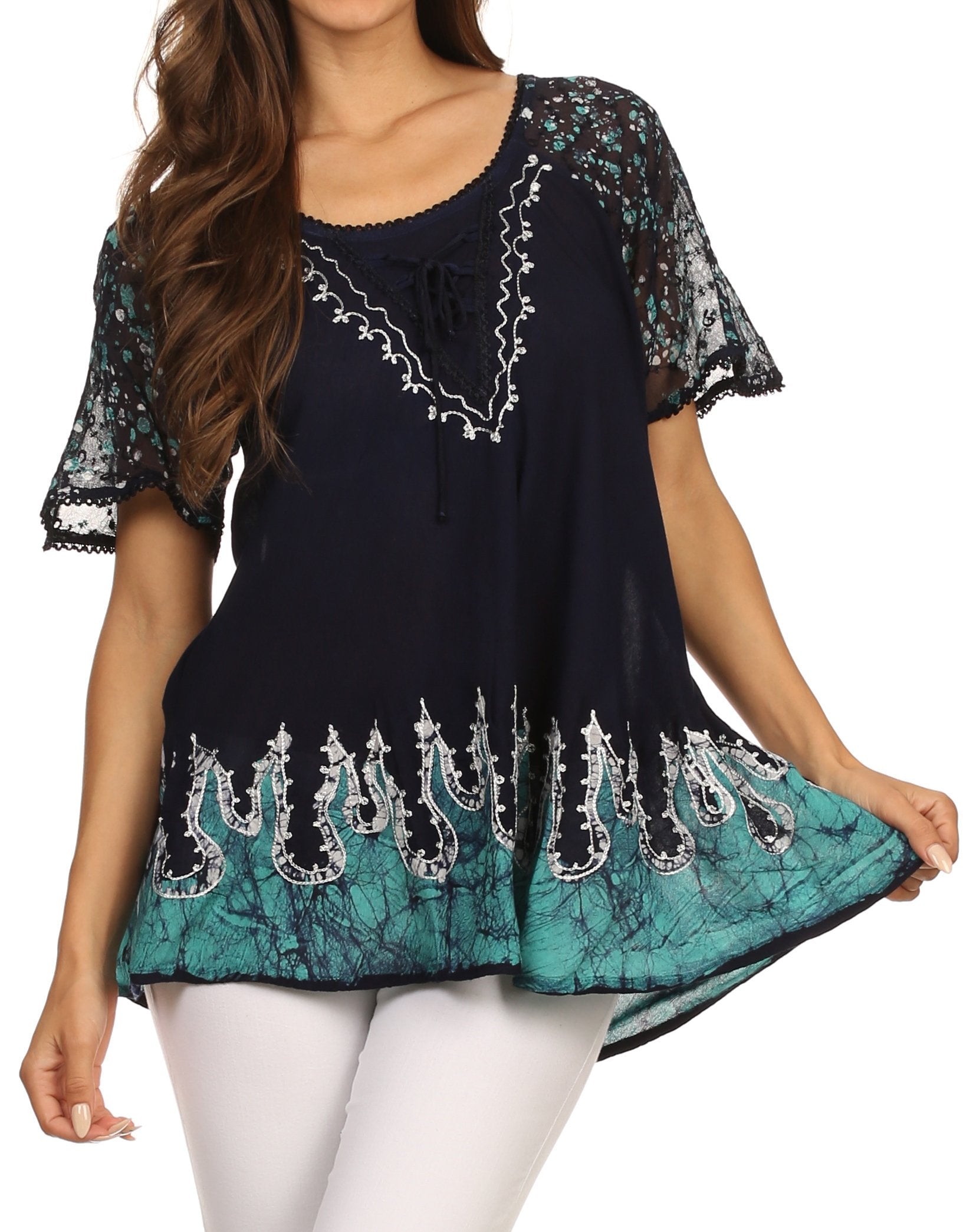 Sakkas - Cora Relaxed Fit Batik Design Embroidery Cap Sleeves Blouse / Top