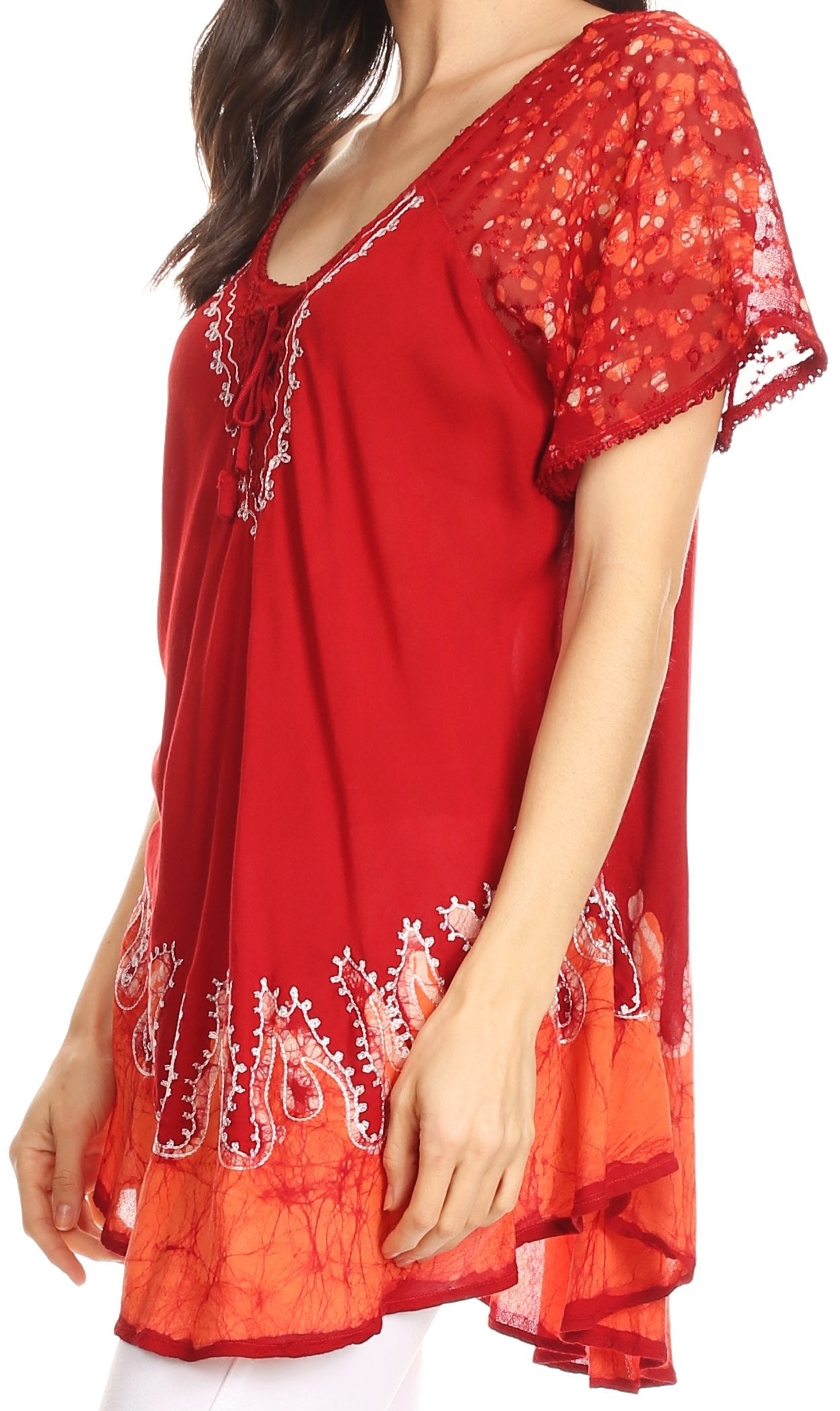 Sakkas - Cora Relaxed Fit Batik Design Embroidery Cap Sleeves Blouse / Top