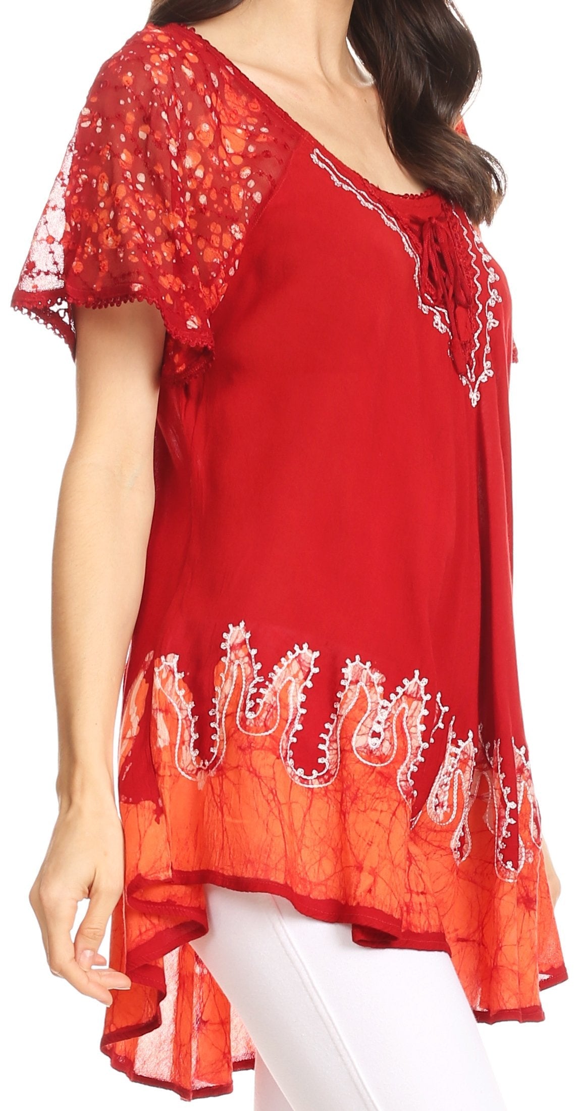Sakkas - Cora Relaxed Fit Batik Design Embroidery Cap Sleeves Blouse / Top
