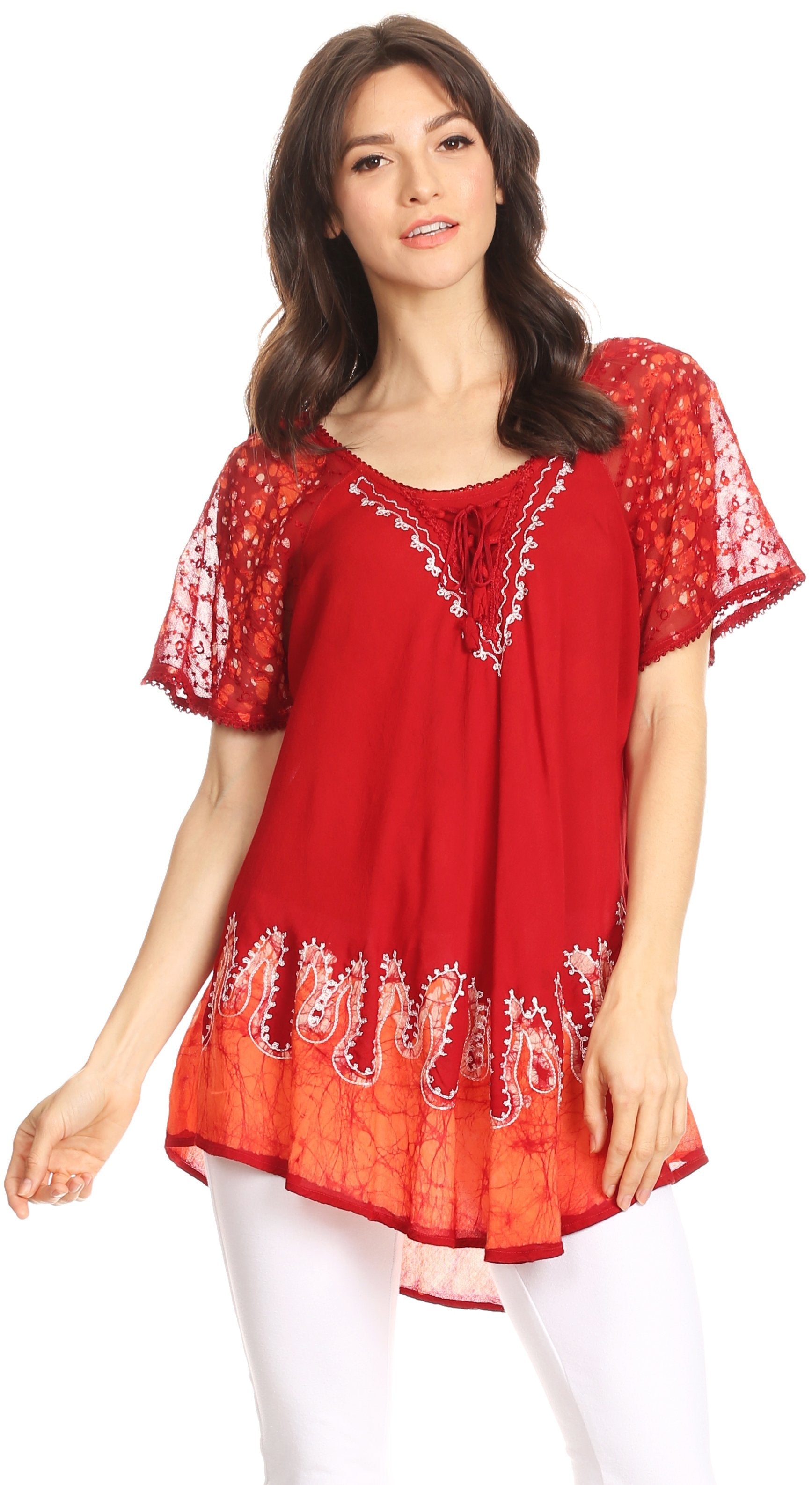 Sakkas - Cora Relaxed Fit Batik Design Embroidery Cap Sleeves Blouse / Top