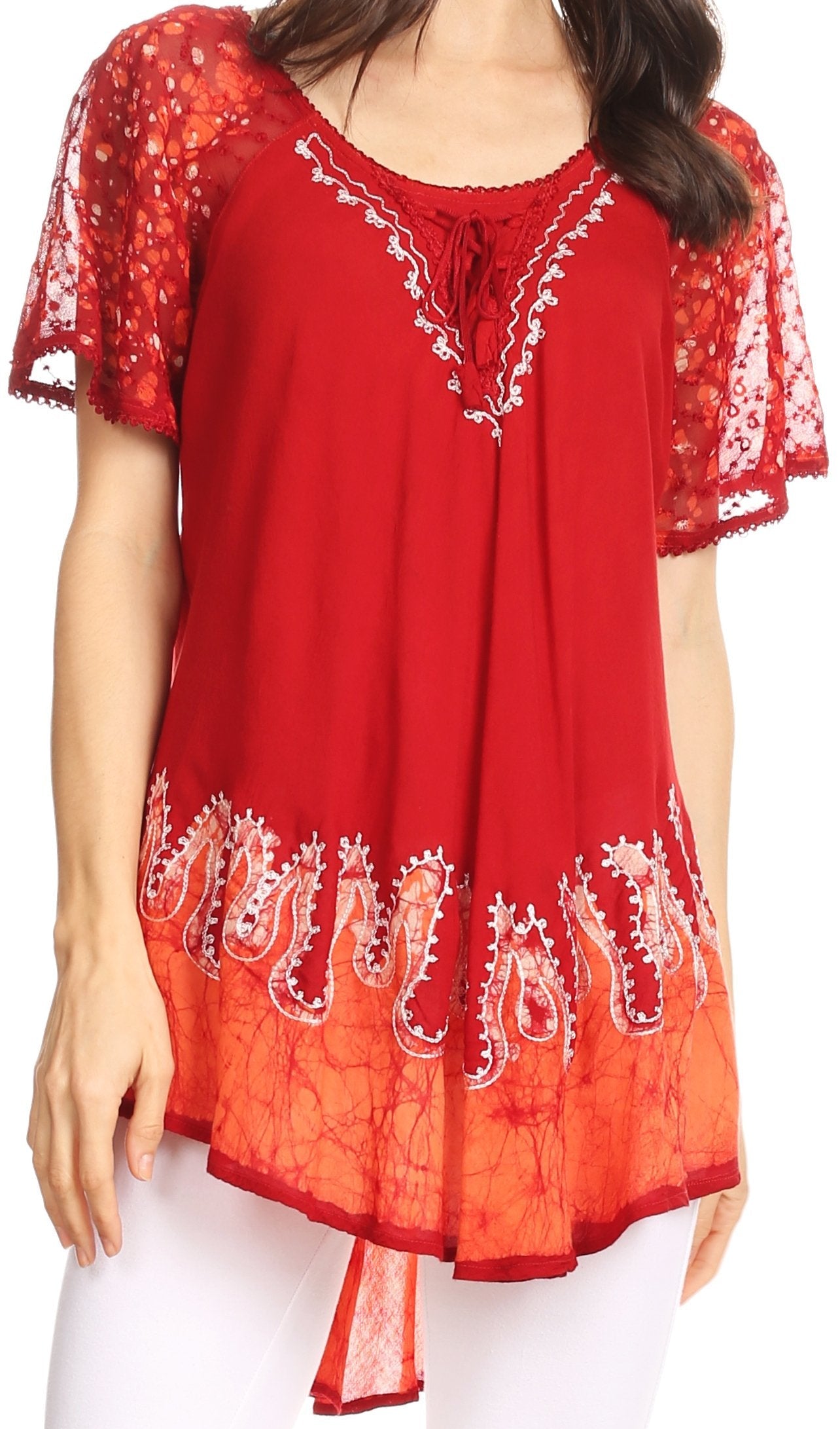 Sakkas - Cora Relaxed Fit Batik Design Embroidery Cap Sleeves Blouse / Top