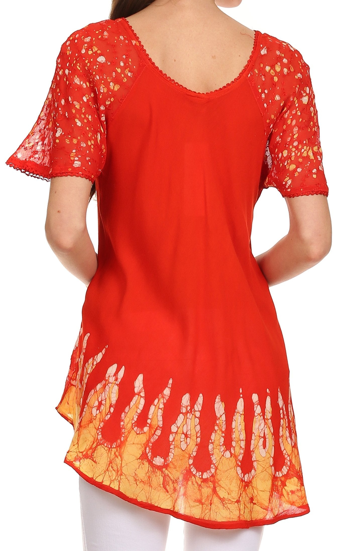Sakkas - Cora Relaxed Fit Batik Design Embroidery Cap Sleeves Blouse / Top