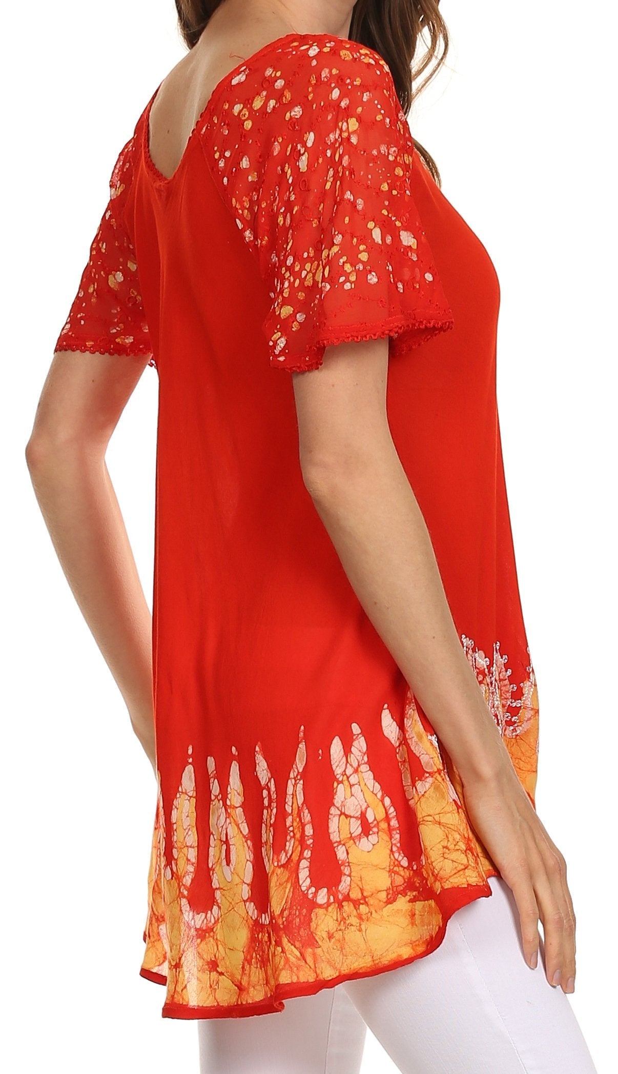 Sakkas - Cora Relaxed Fit Batik Design Embroidery Cap Sleeves Blouse / Top