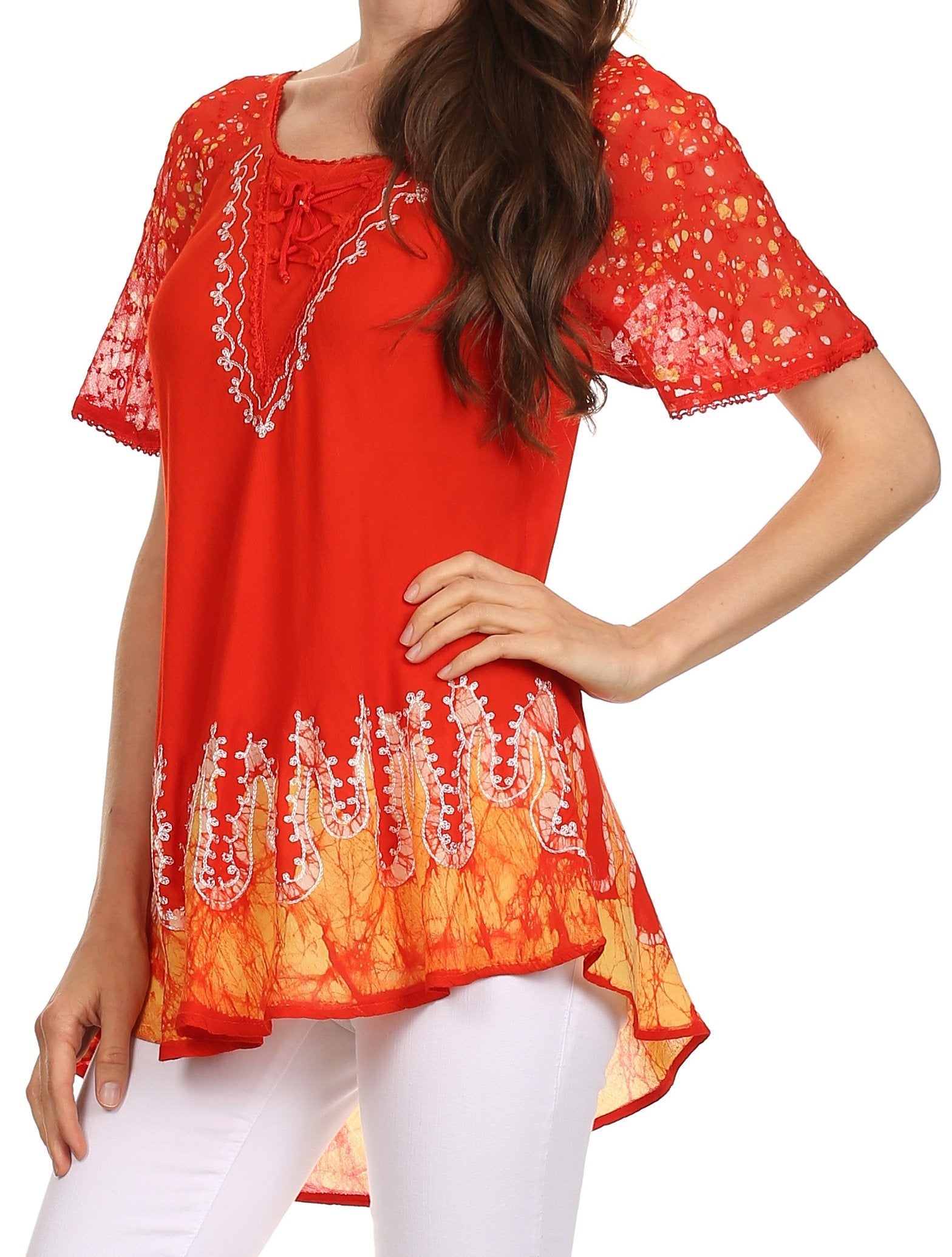 Sakkas - Cora Relaxed Fit Batik Design Embroidery Cap Sleeves Blouse / Top