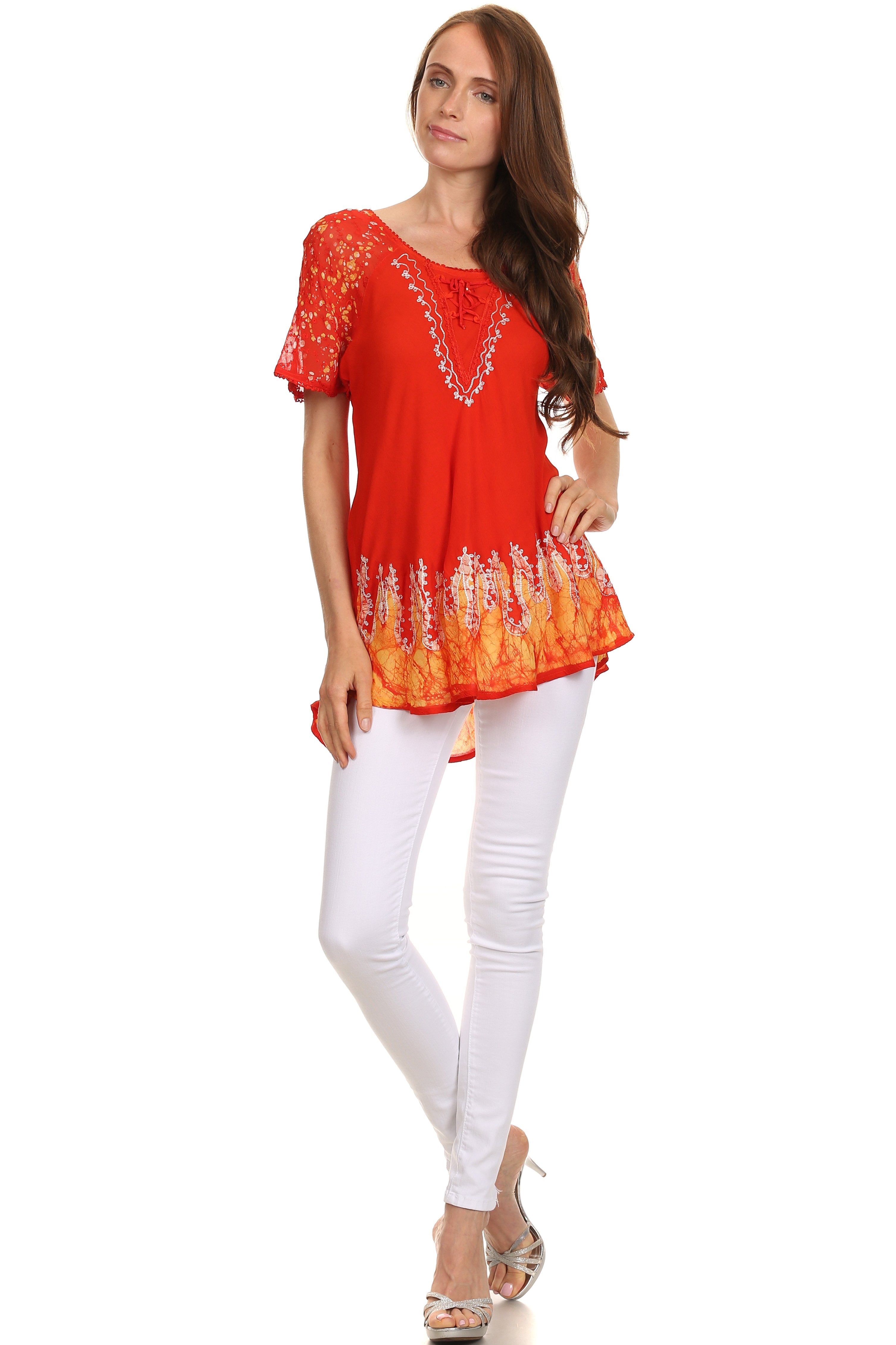 Sakkas - Cora Relaxed Fit Batik Design Embroidery Cap Sleeves Blouse / Top