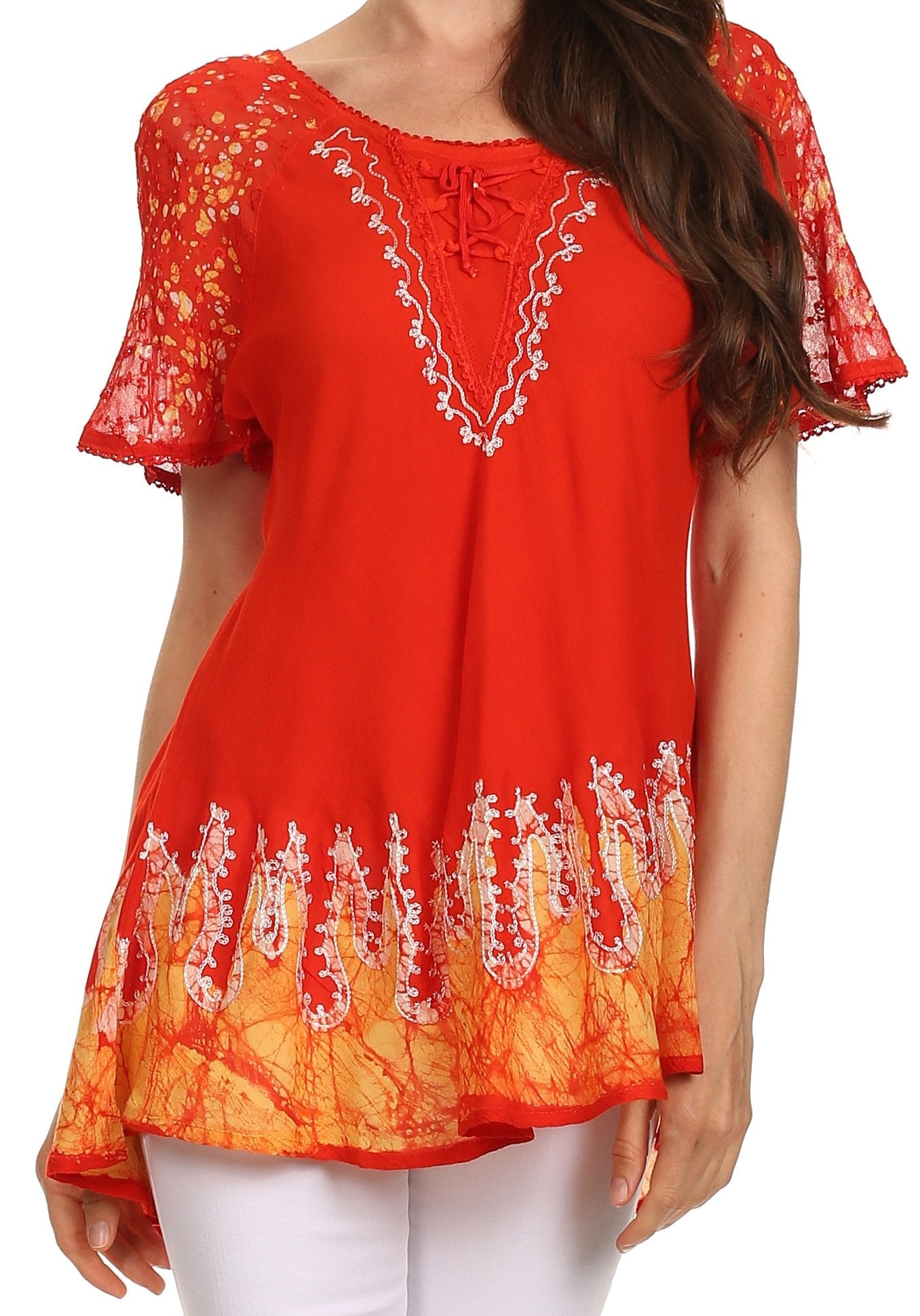 Sakkas - Cora Relaxed Fit Batik Design Embroidery Cap Sleeves Blouse / Top