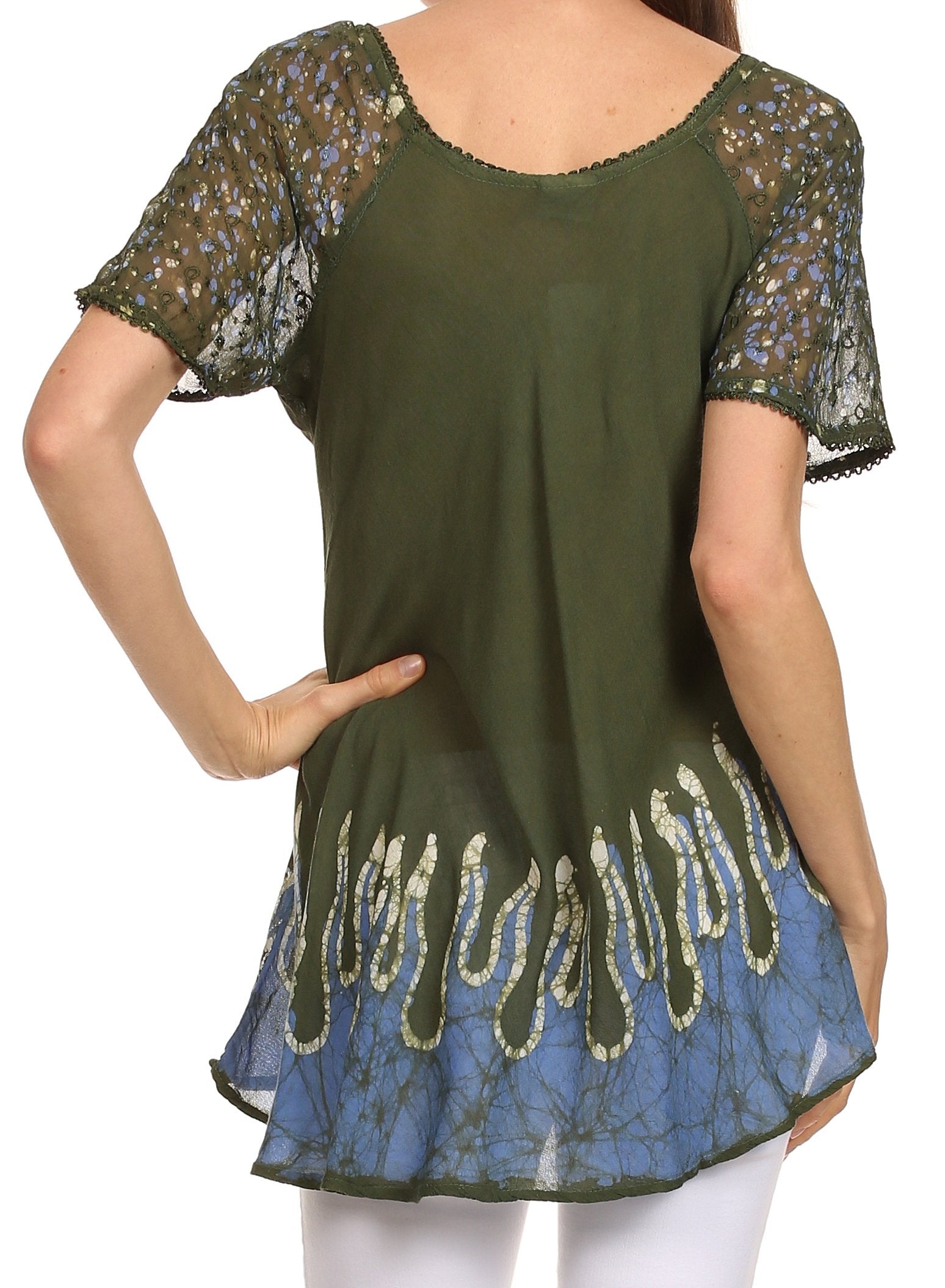 Sakkas - Cora Relaxed Fit Batik Design Embroidery Cap Sleeves Blouse / Top