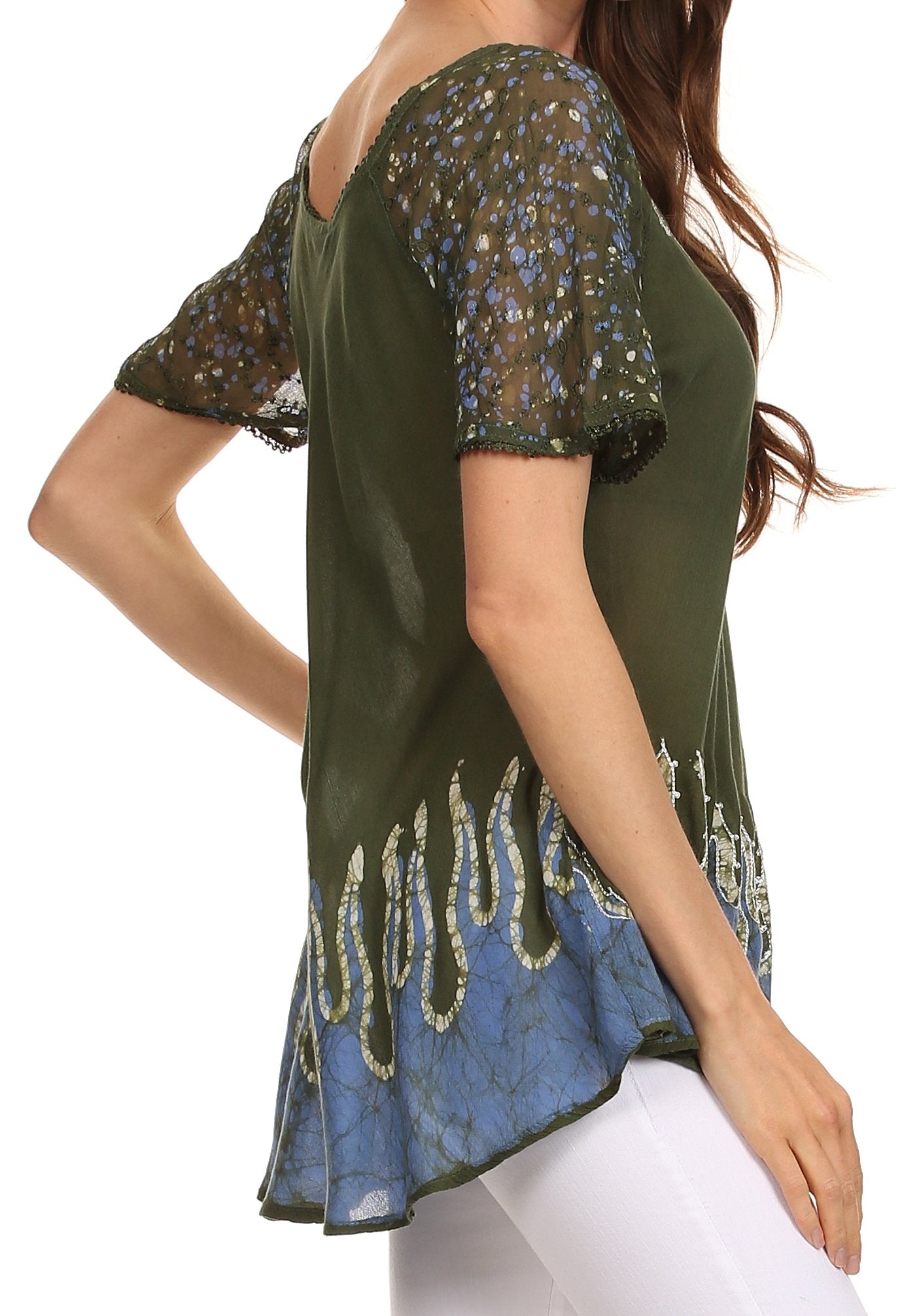 Sakkas - Cora Relaxed Fit Batik Design Embroidery Cap Sleeves Blouse / Top