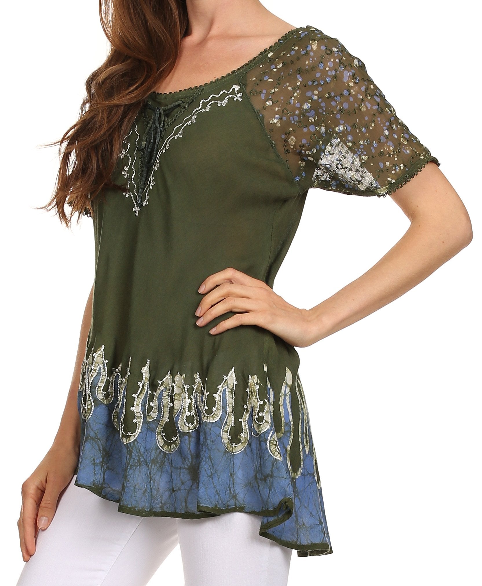 Sakkas - Cora Relaxed Fit Batik Design Embroidery Cap Sleeves Blouse / Top
