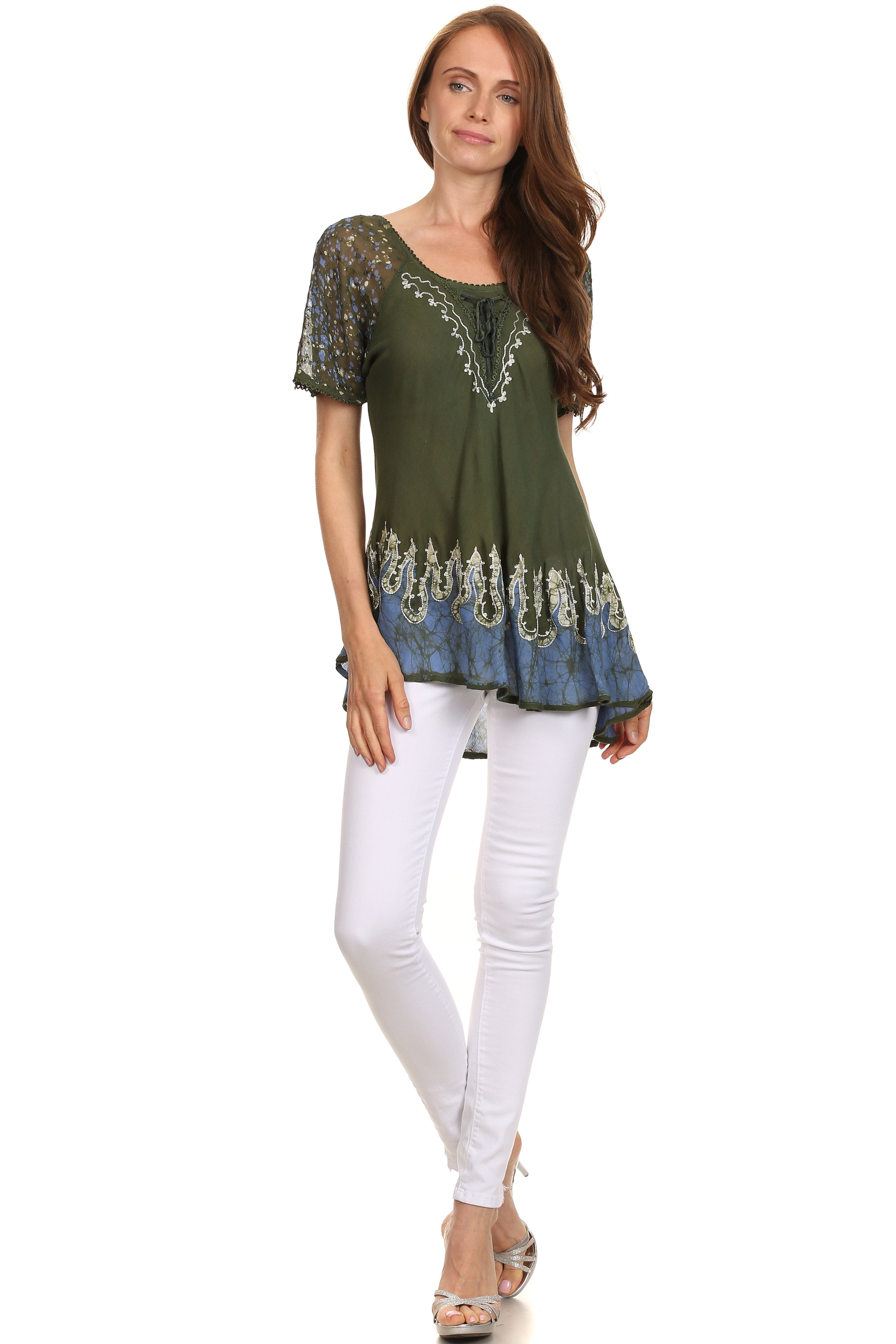 Sakkas - Cora Relaxed Fit Batik Design Embroidery Cap Sleeves Blouse / Top