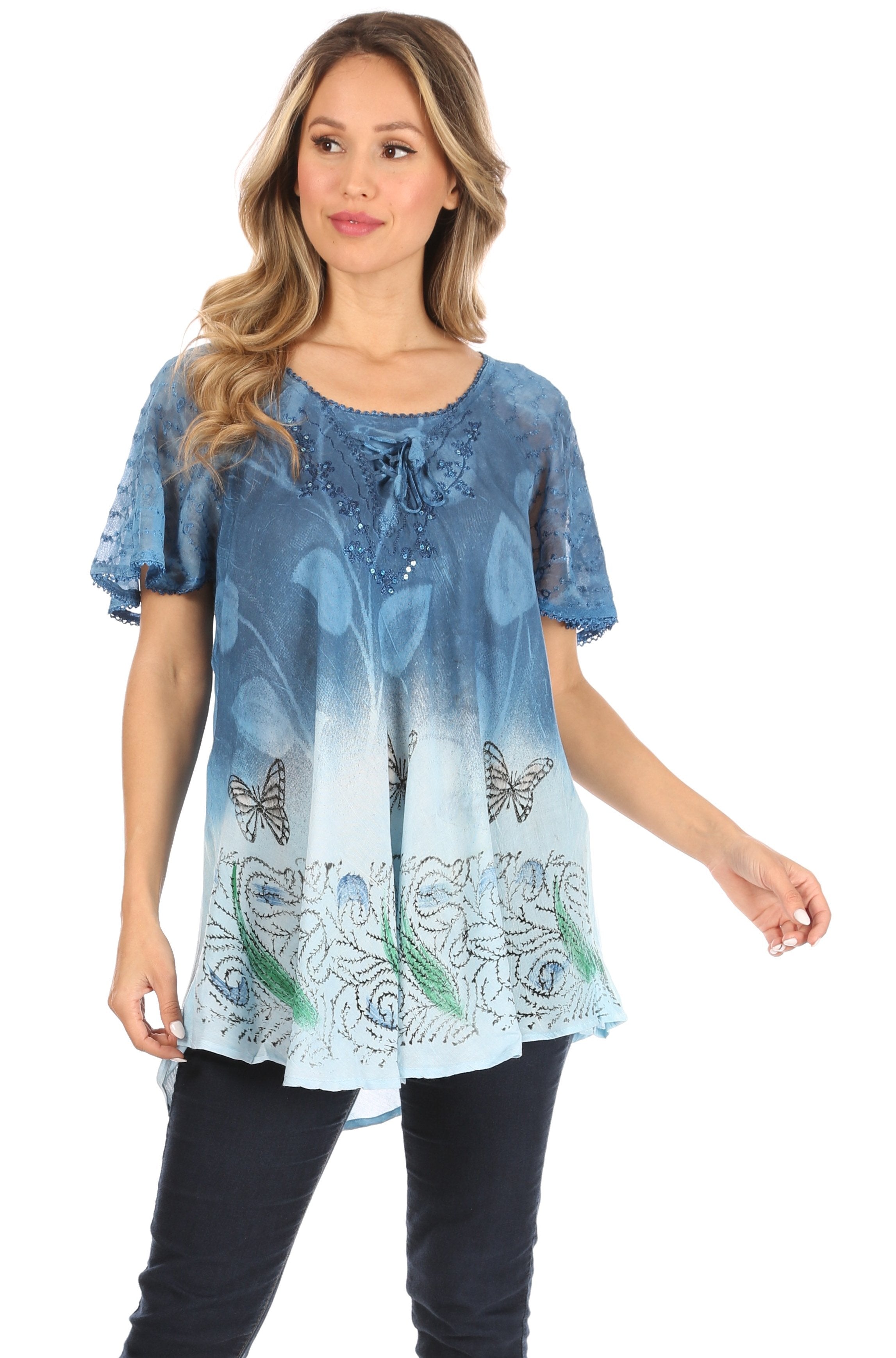 Sakkas - Petra Casual Loose Flared Corset Short Sleeve Lace Blouse Top Tunic