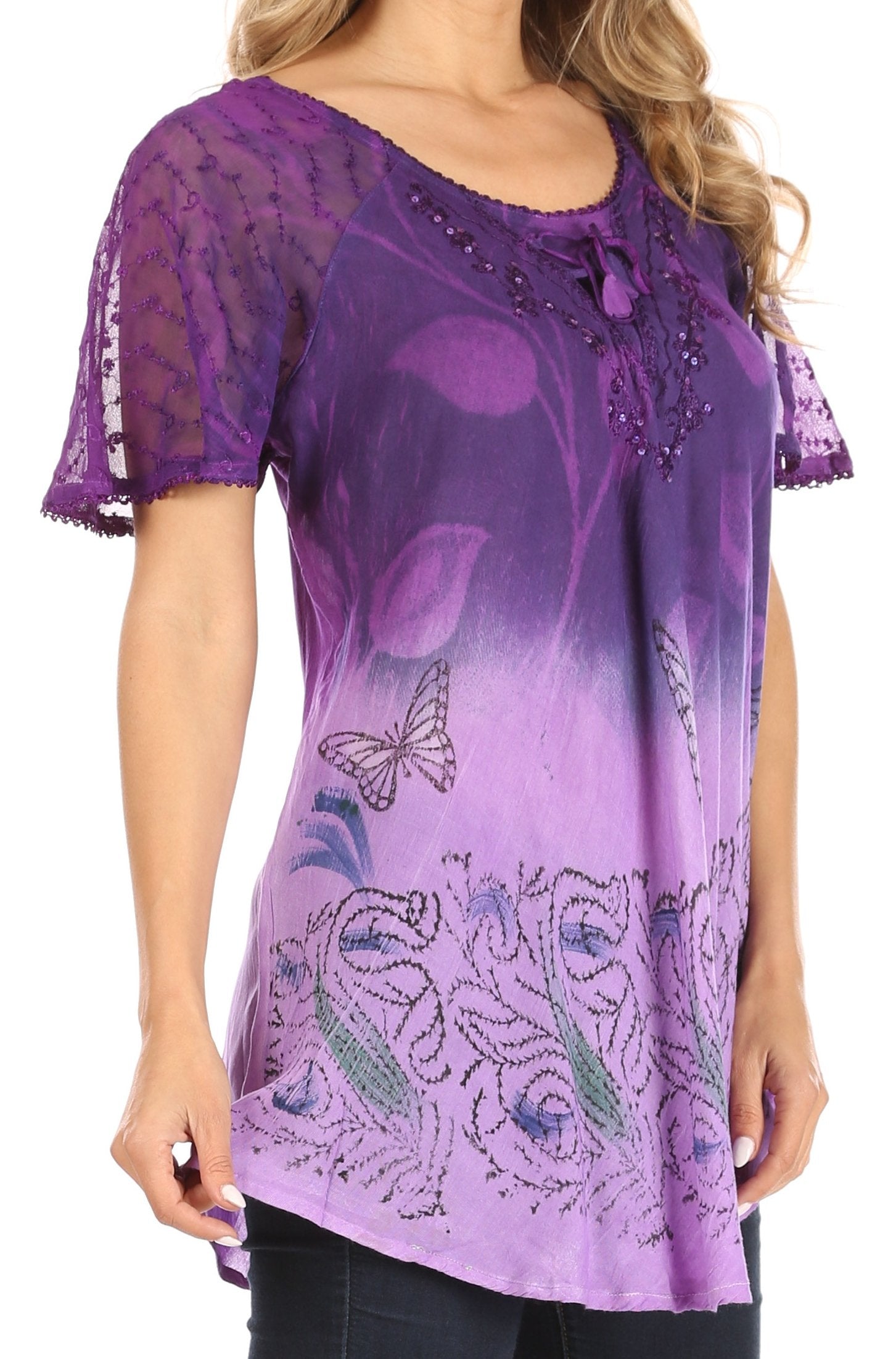 Sakkas - Petra Casual Loose Flared Corset Short Sleeve Lace Blouse Top Tunic