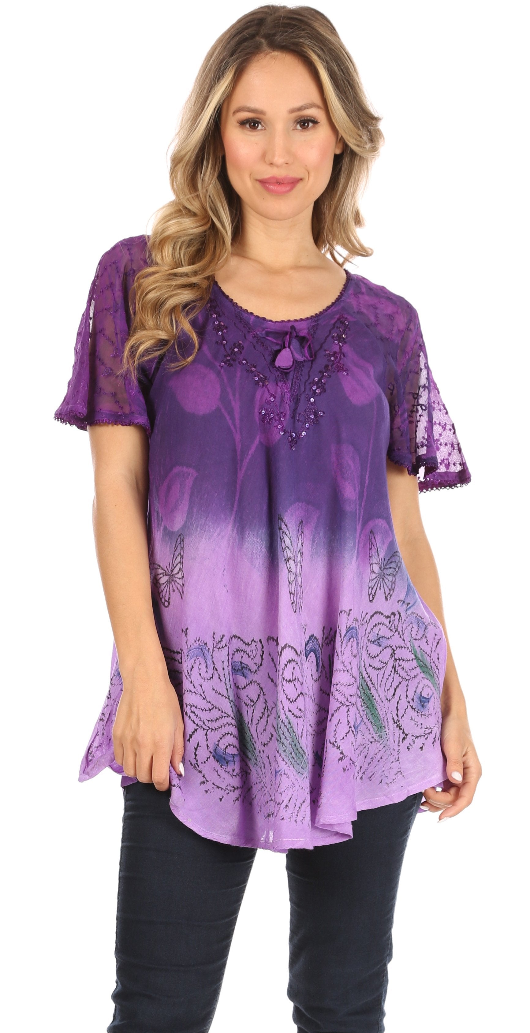 Sakkas - Petra Casual Loose Flared Corset Short Sleeve Lace Blouse Top Tunic