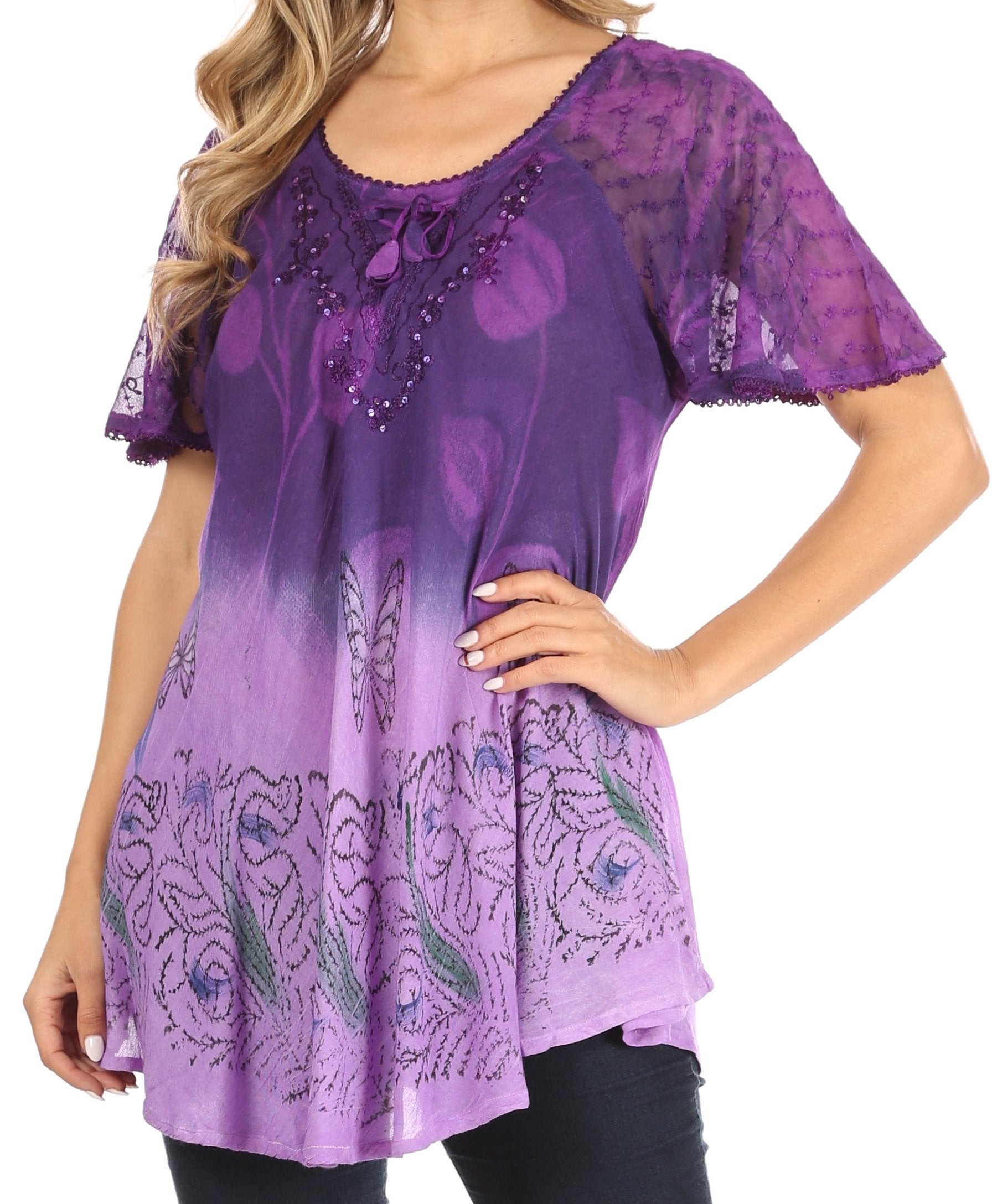 Sakkas - Petra Casual Loose Flared Corset Short Sleeve Lace Blouse Top Tunic