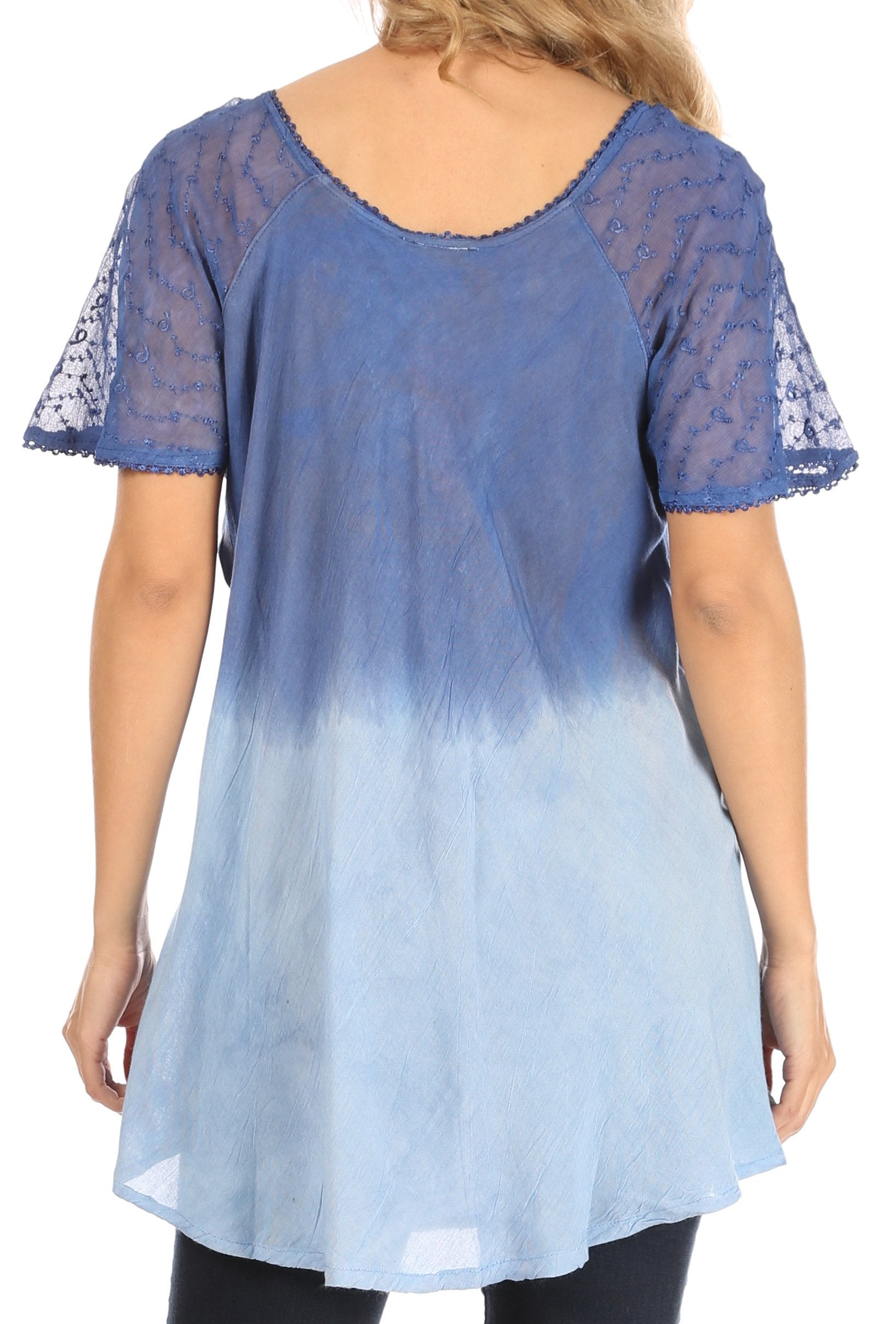 Blue ombre dress with lace sleeves on a white background