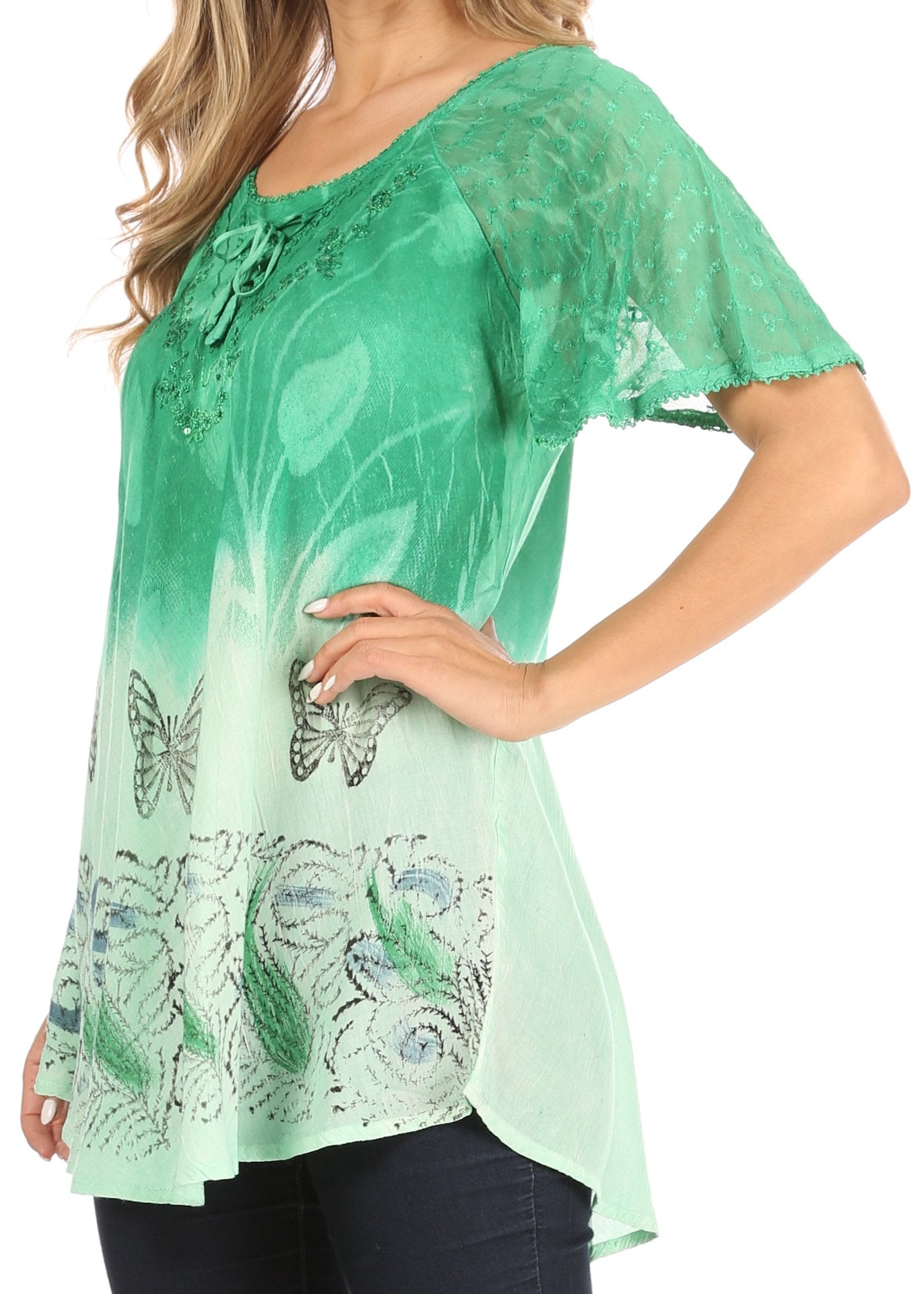Sakkas - Petra Casual Loose Flared Corset Short Sleeve Lace Blouse Top Tunic