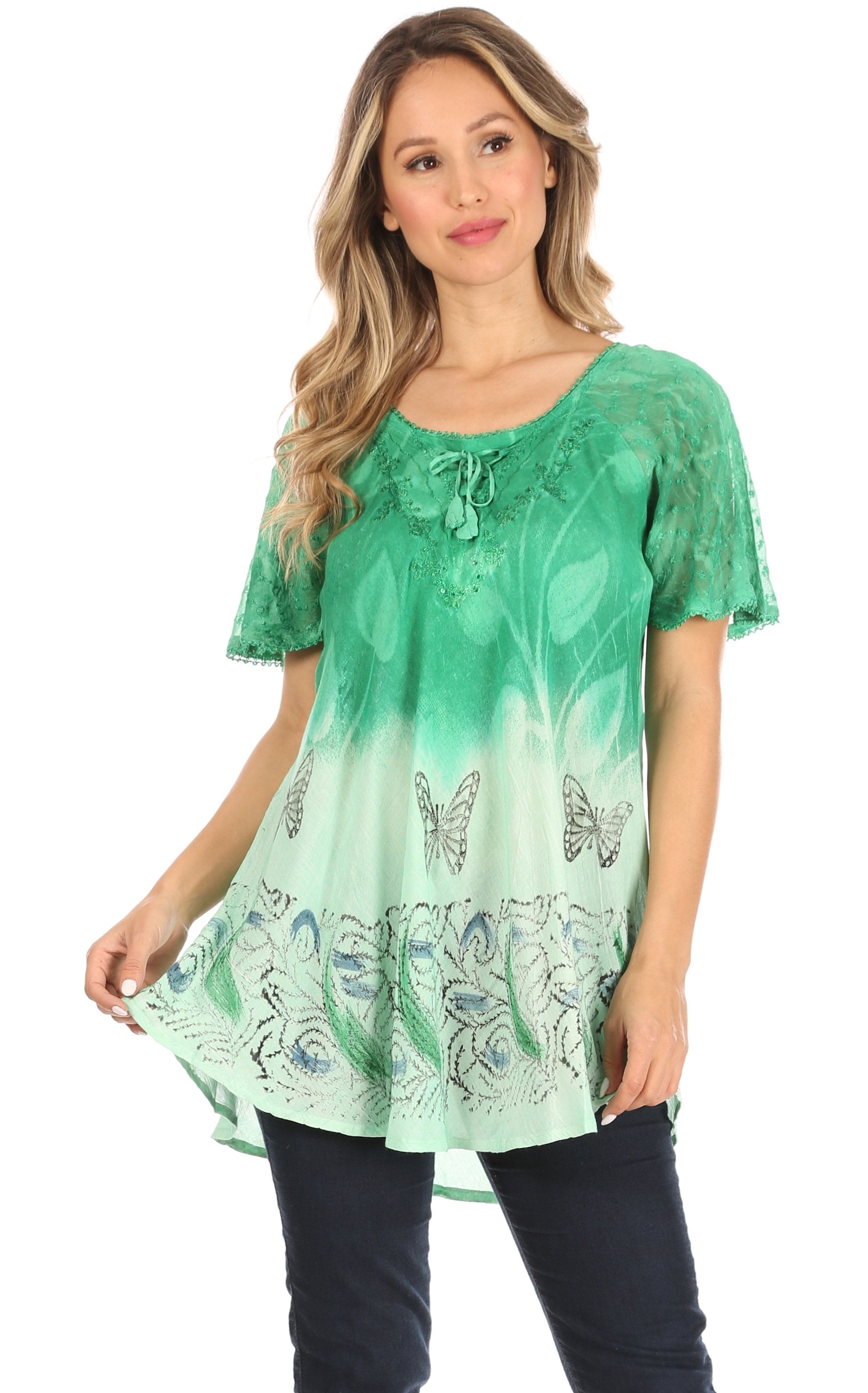Sakkas - Petra Casual Loose Flared Corset Short Sleeve Lace Blouse Top Tunic