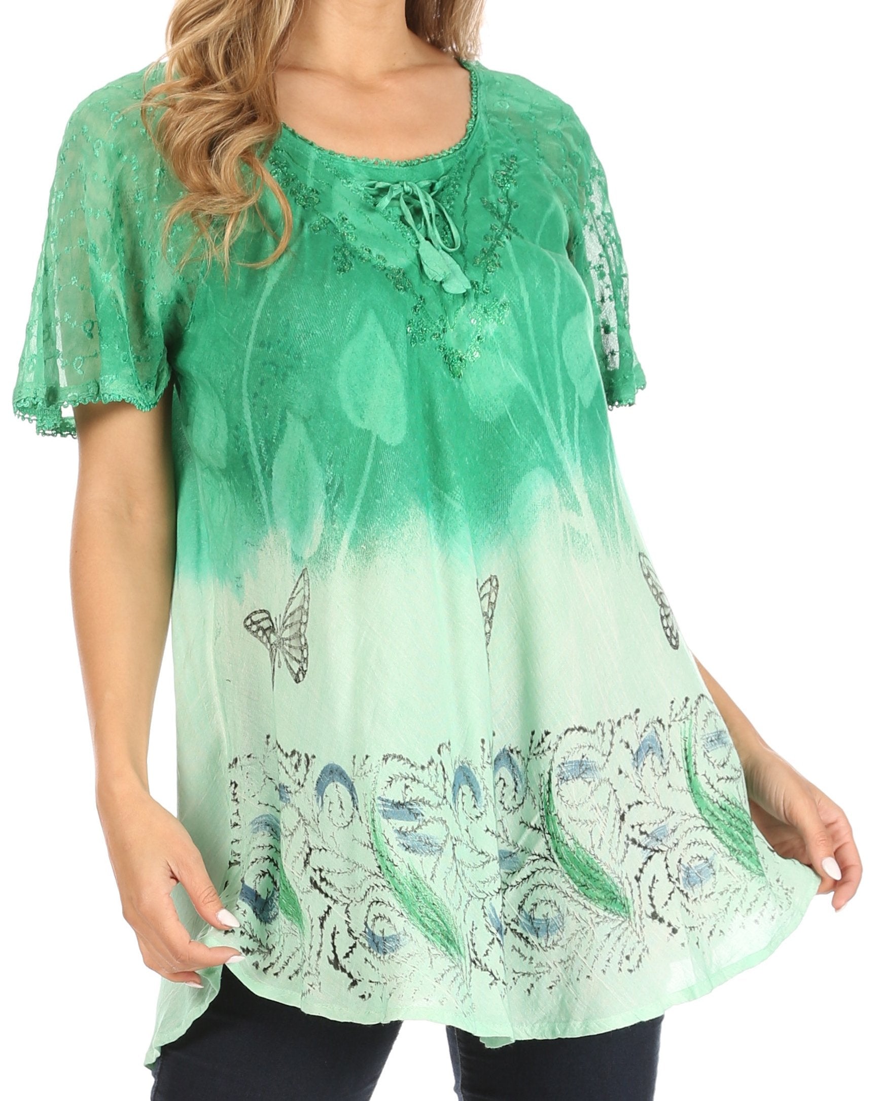 Sakkas - Petra Casual Loose Flared Corset Short Sleeve Lace Blouse Top Tunic