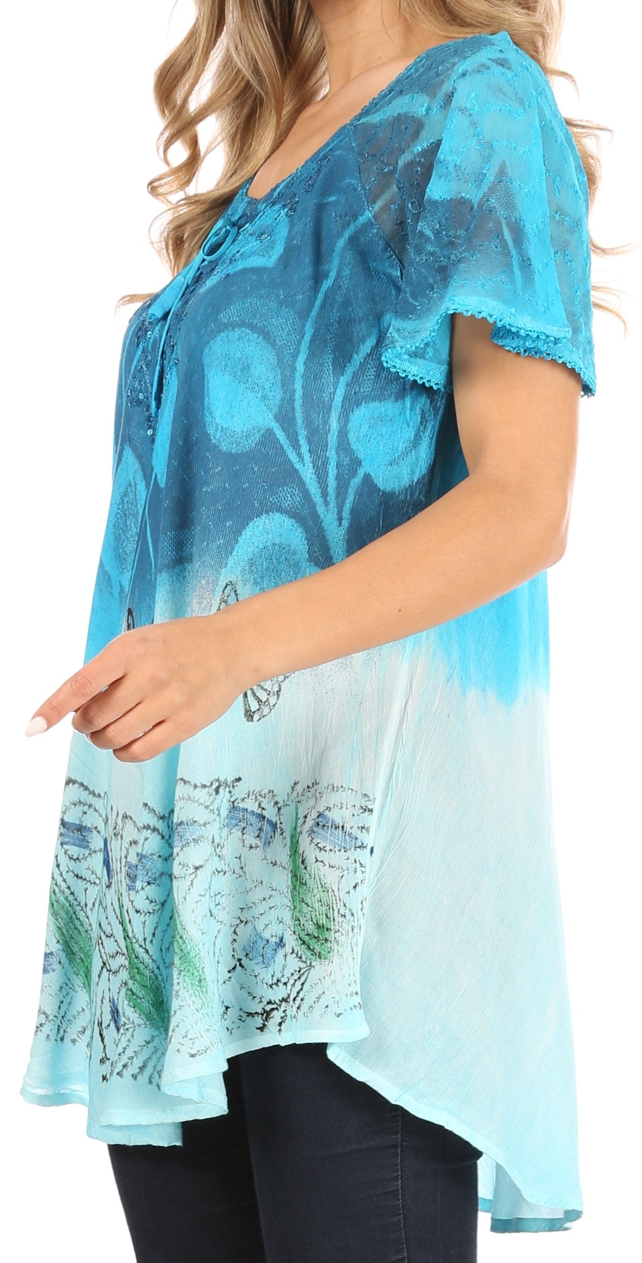 Sakkas - Petra Casual Loose Flared Corset Short Sleeve Lace Blouse Top Tunic