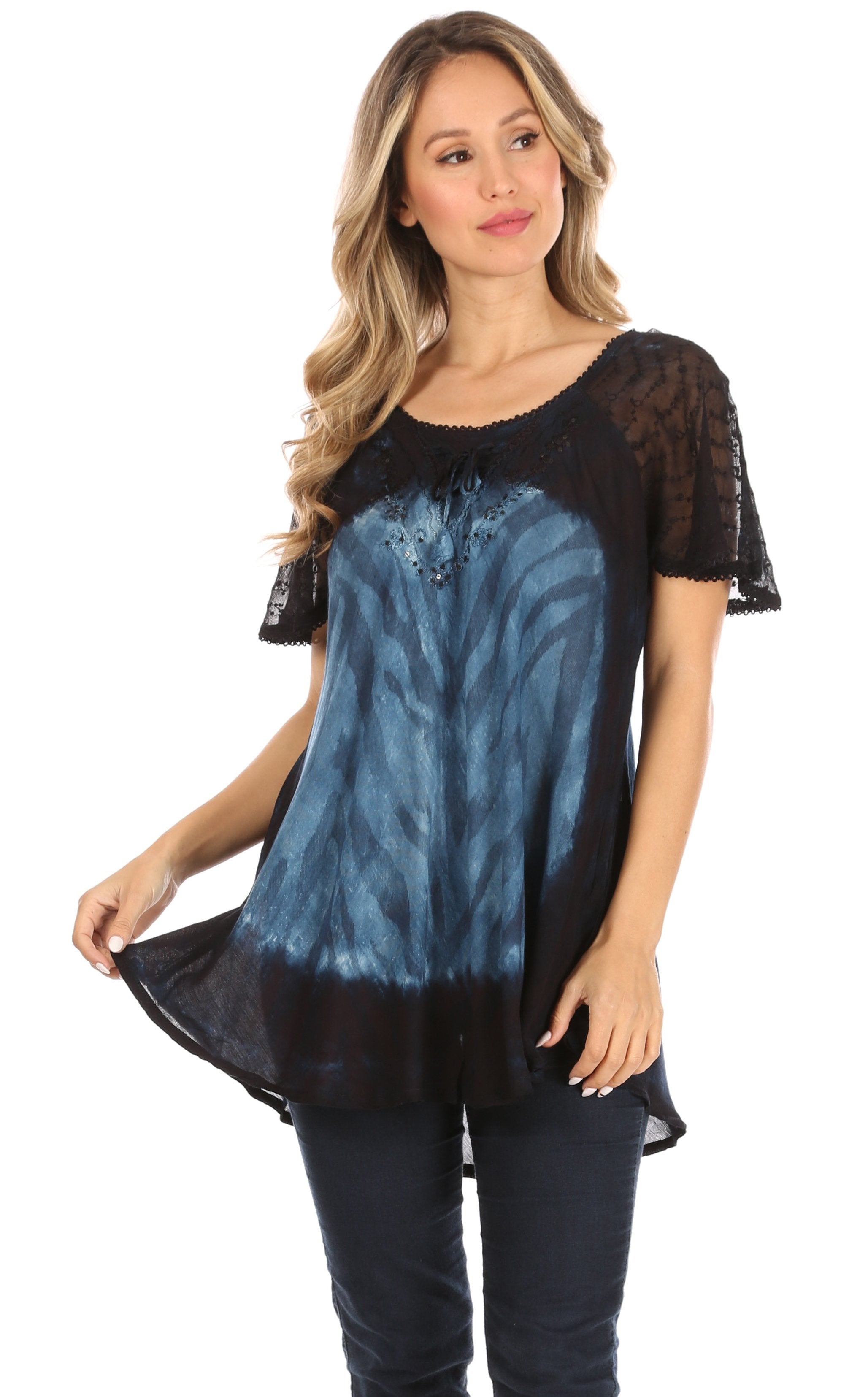 Sakkas - Petra Casual Loose Flared Corset Short Sleeve Lace Blouse Top Tunic