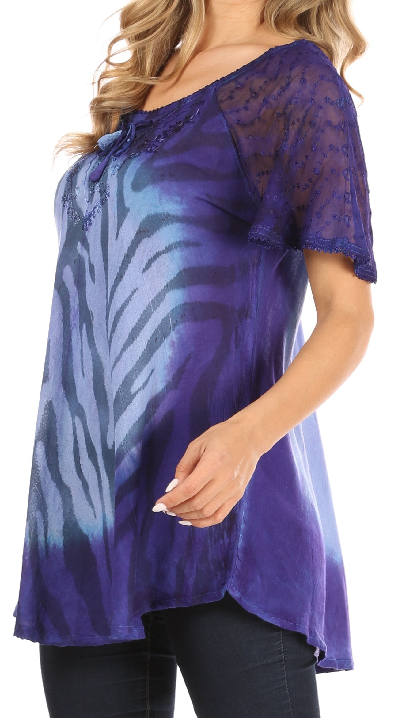Sakkas - Petra Casual Loose Flared Corset Short Sleeve Lace Blouse Top Tunic