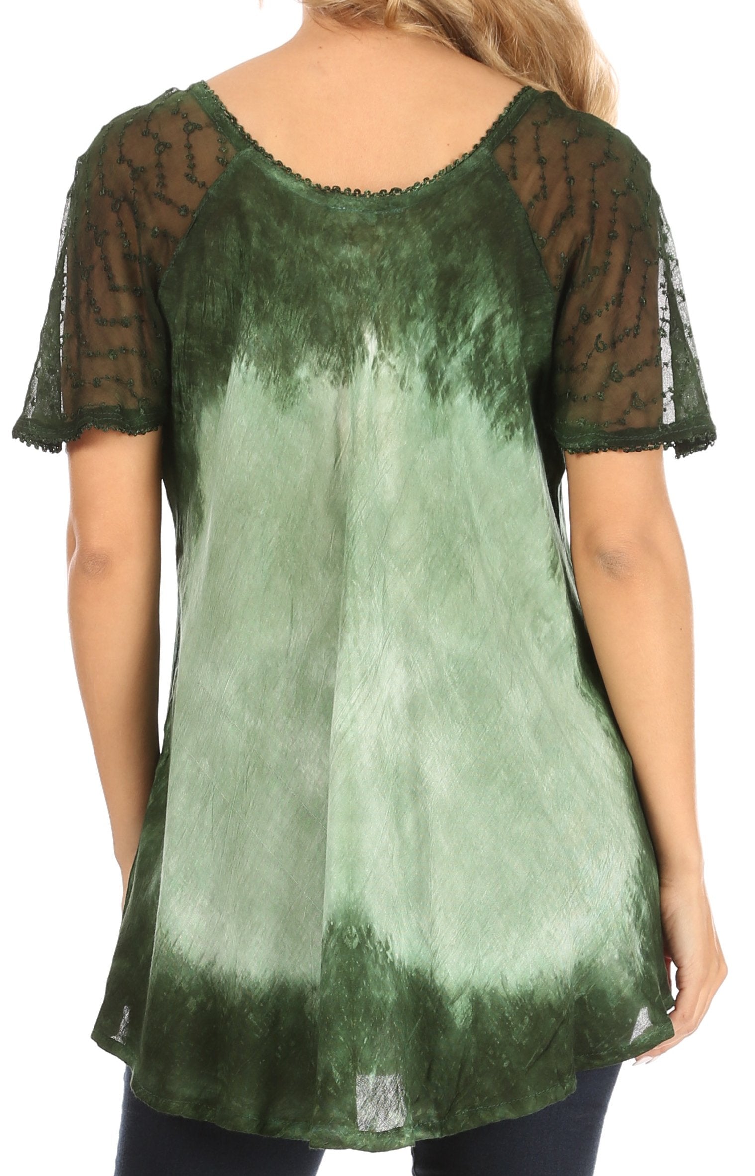 Green gradient dress with sheer sleeves and back on a white background