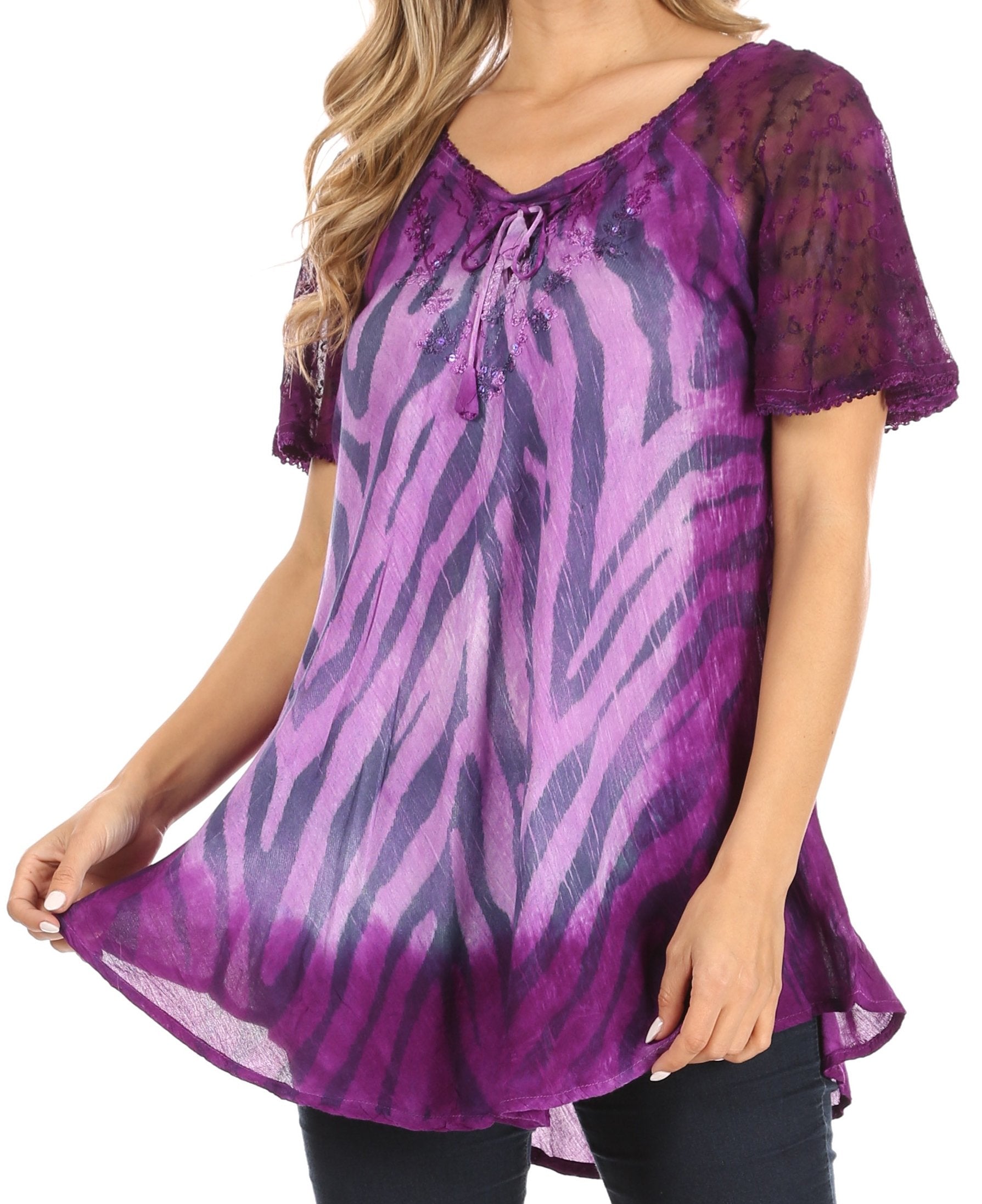 Sakkas - Petra Casual Loose Flared Corset Short Sleeve Lace Blouse Top Tunic