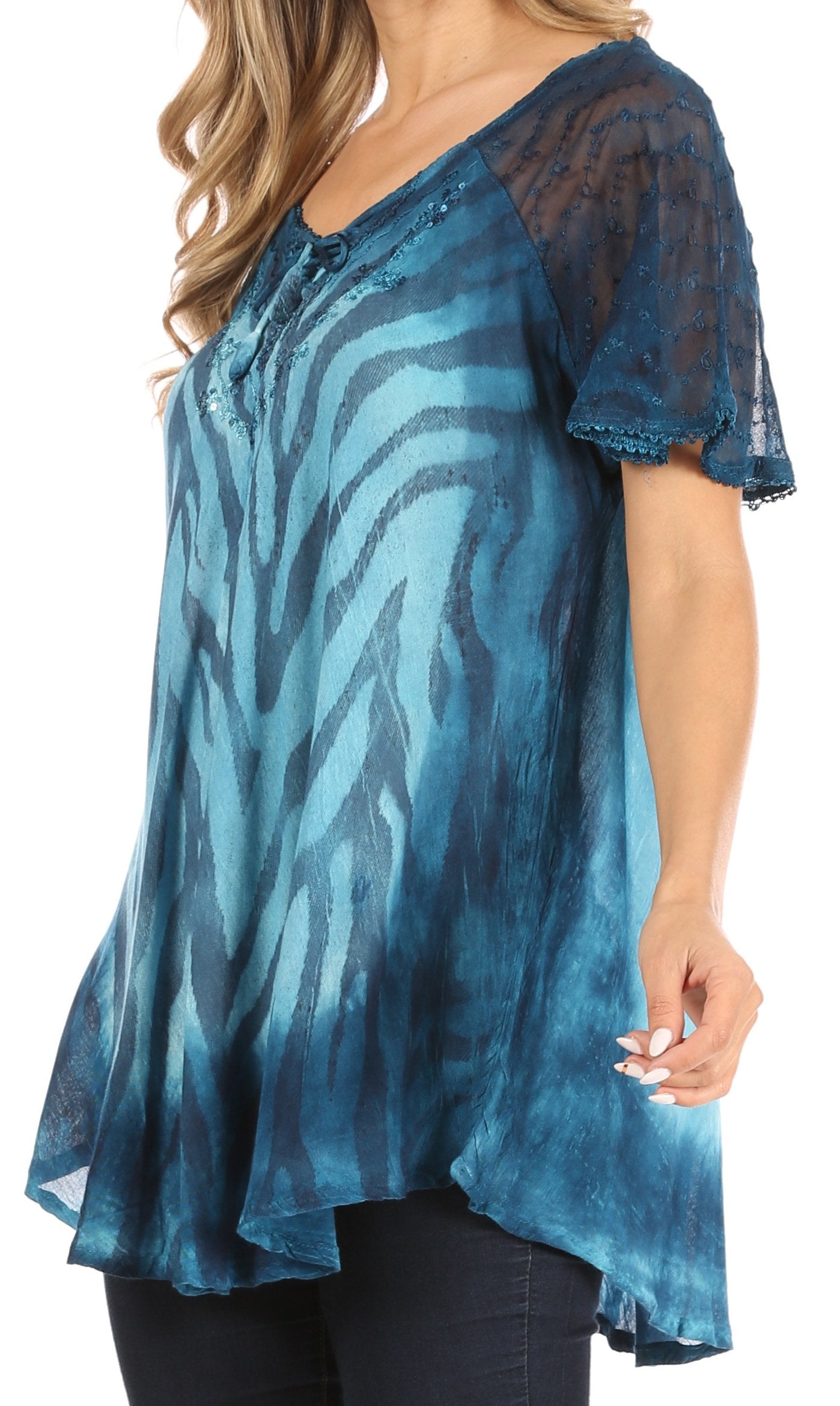 Sakkas - Petra Casual Loose Flared Corset Short Sleeve Lace Blouse Top Tunic