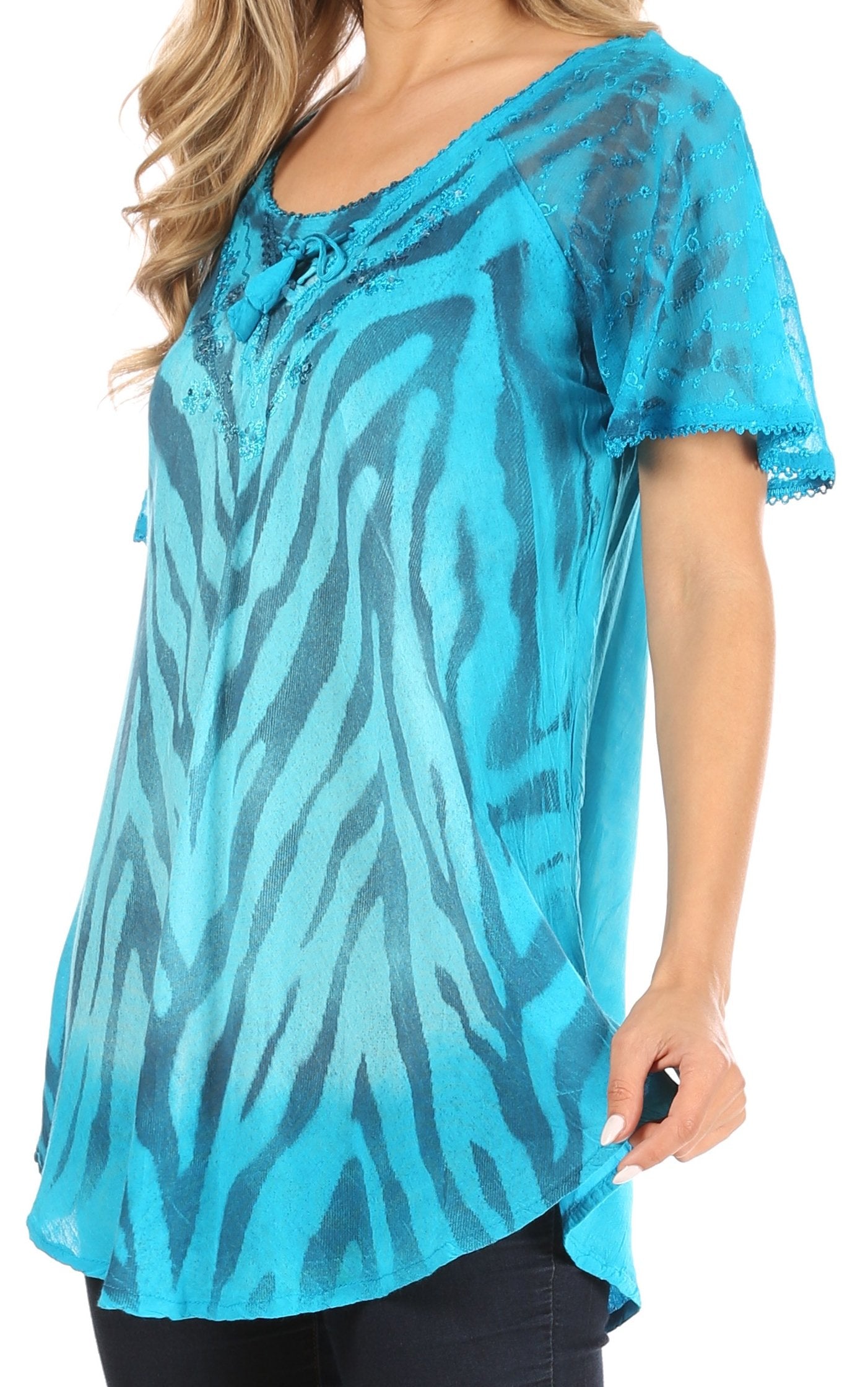 Sakkas - Petra Casual Loose Flared Corset Short Sleeve Lace Blouse Top Tunic