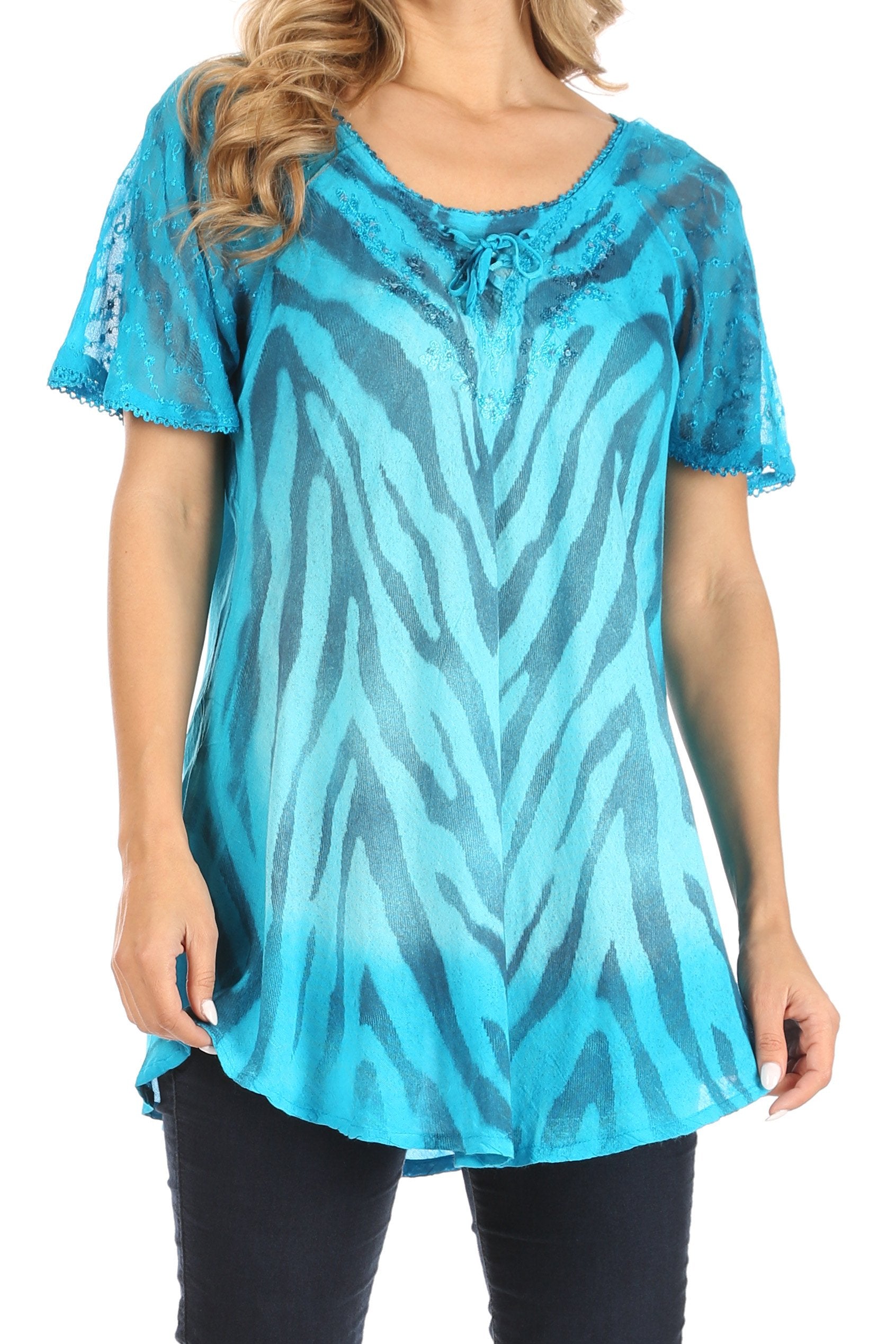 Sakkas - Petra Casual Loose Flared Corset Short Sleeve Lace Blouse Top Tunic
