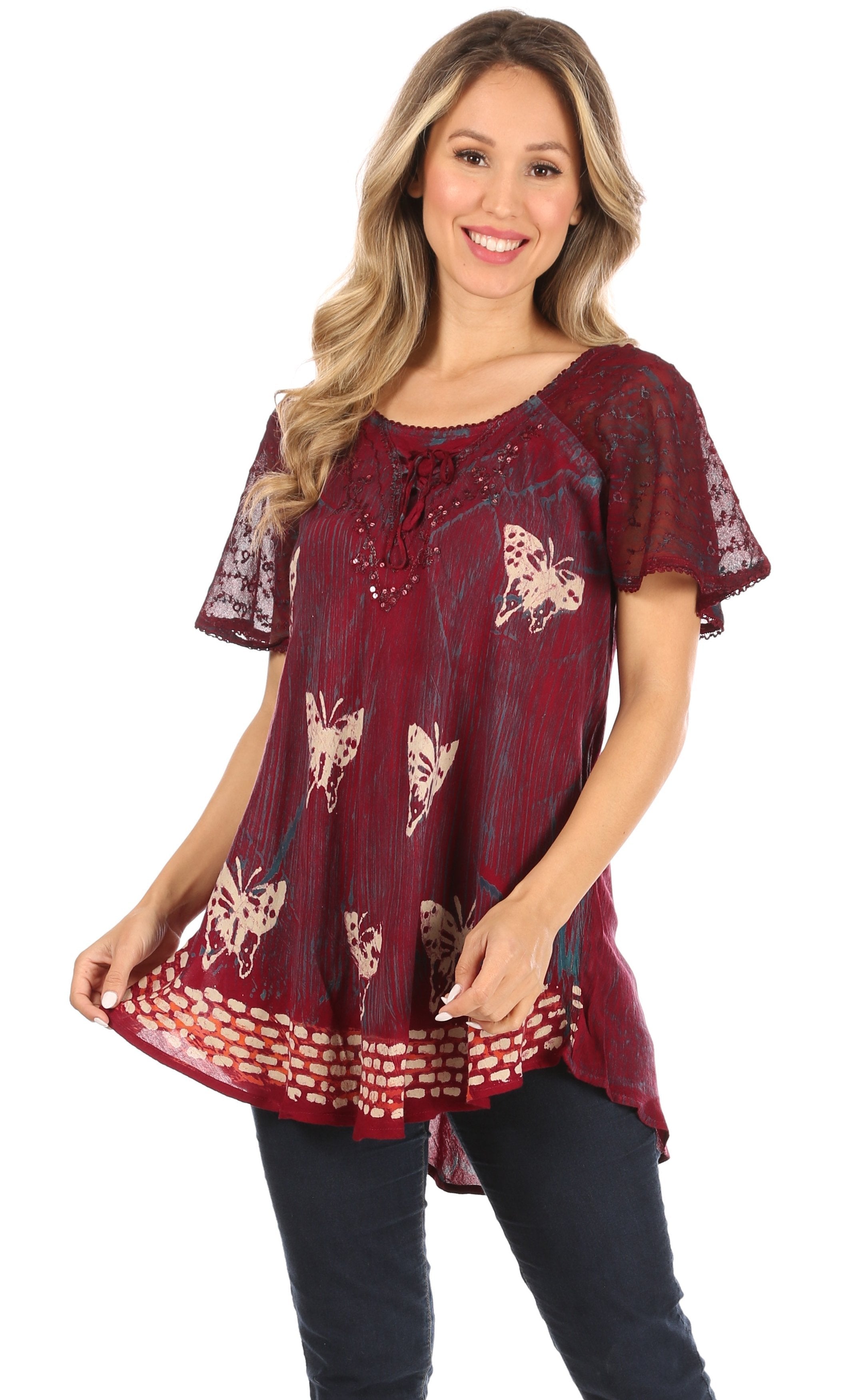 Sakkas - Petra Casual Loose Flared Corset Short Sleeve Lace Blouse Top Tunic