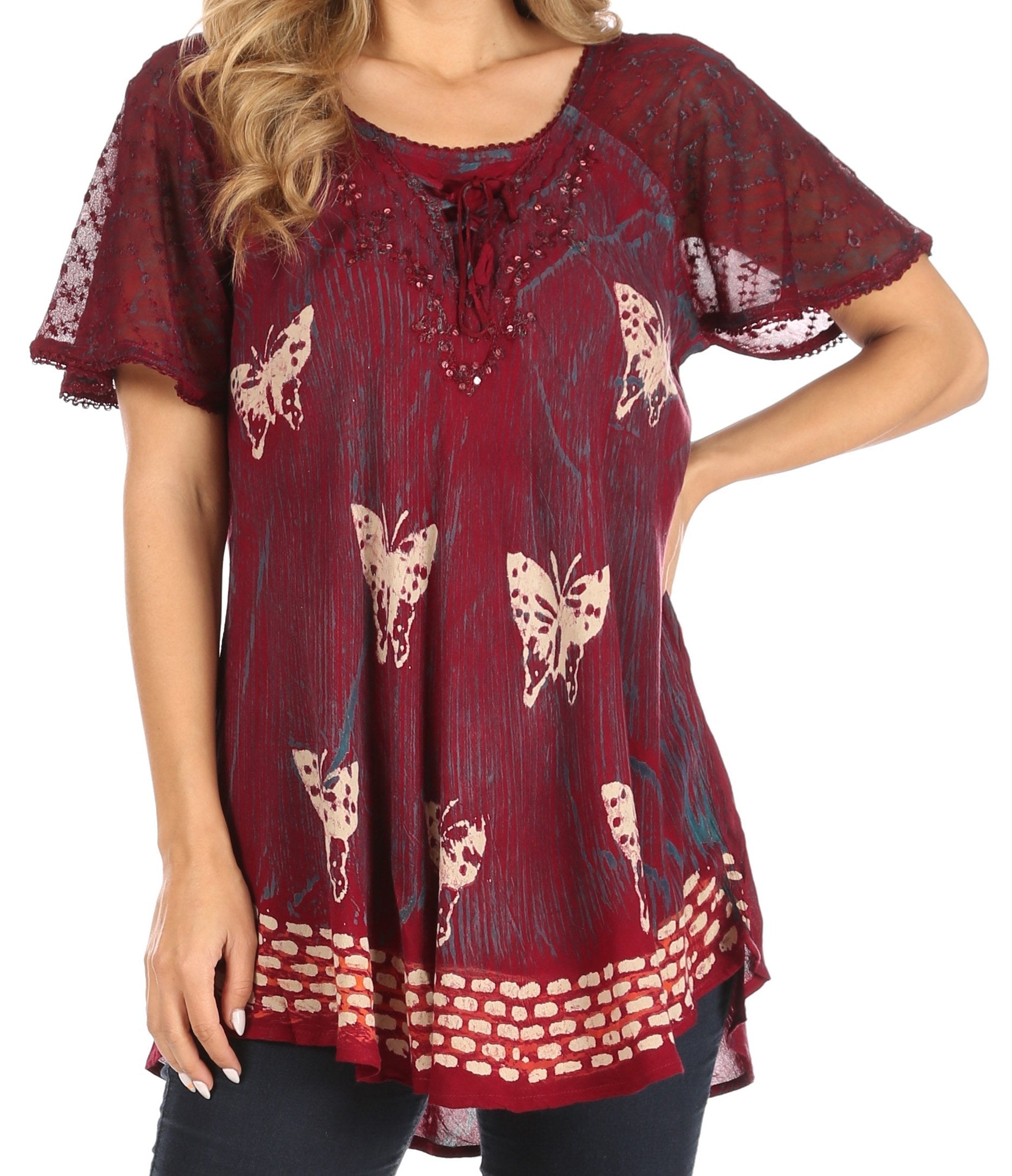 Sakkas - Petra Casual Loose Flared Corset Short Sleeve Lace Blouse Top Tunic