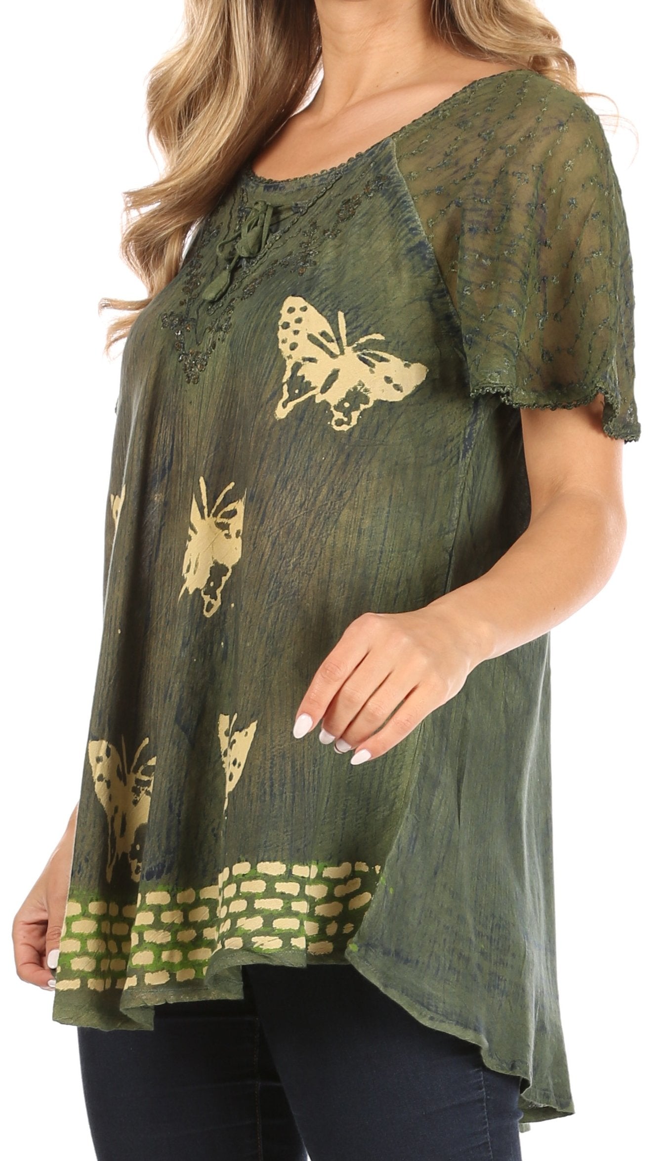 Sakkas - Petra Casual Loose Flared Corset Short Sleeve Lace Blouse Top Tunic