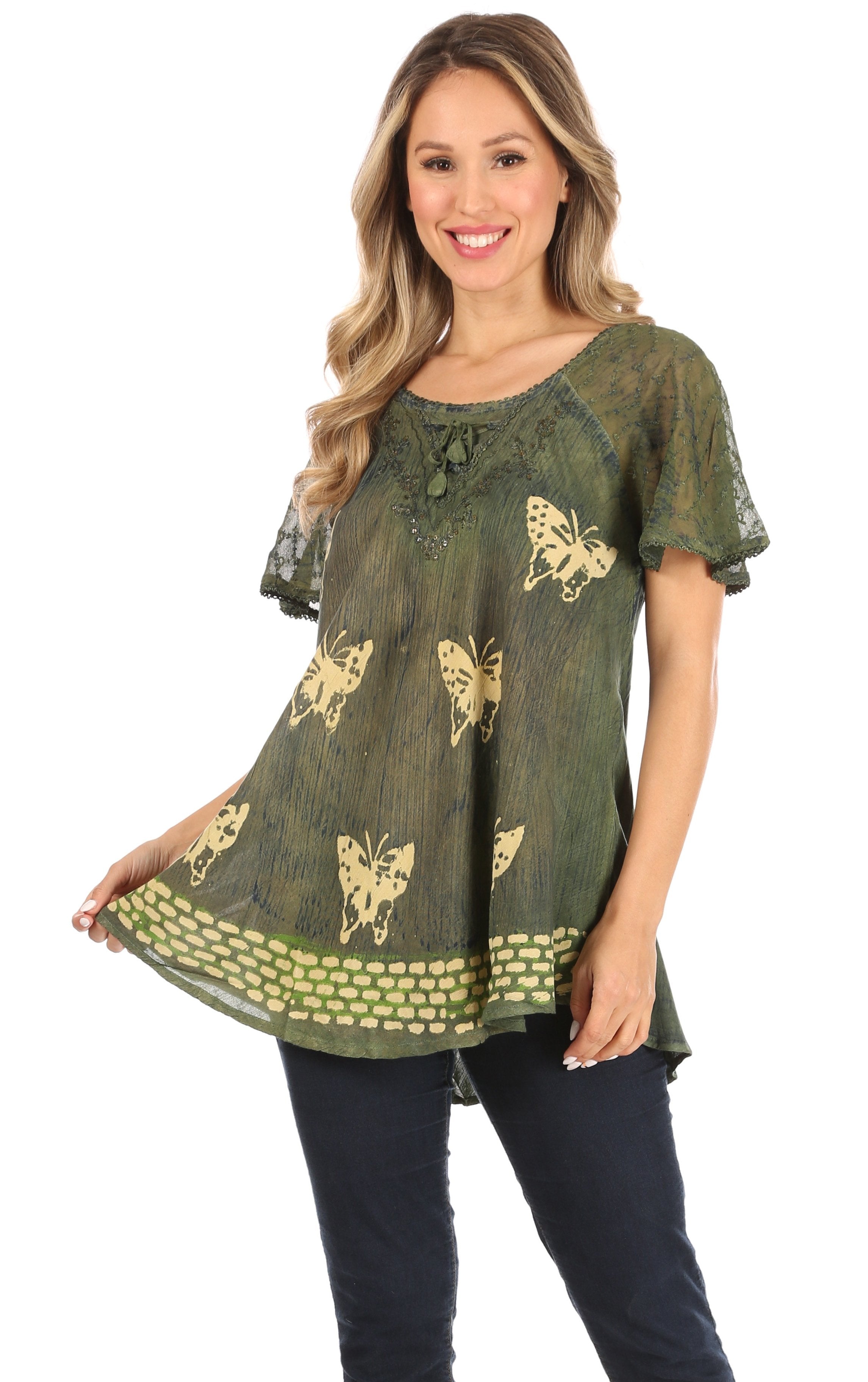 Sakkas - Petra Casual Loose Flared Corset Short Sleeve Lace Blouse Top Tunic