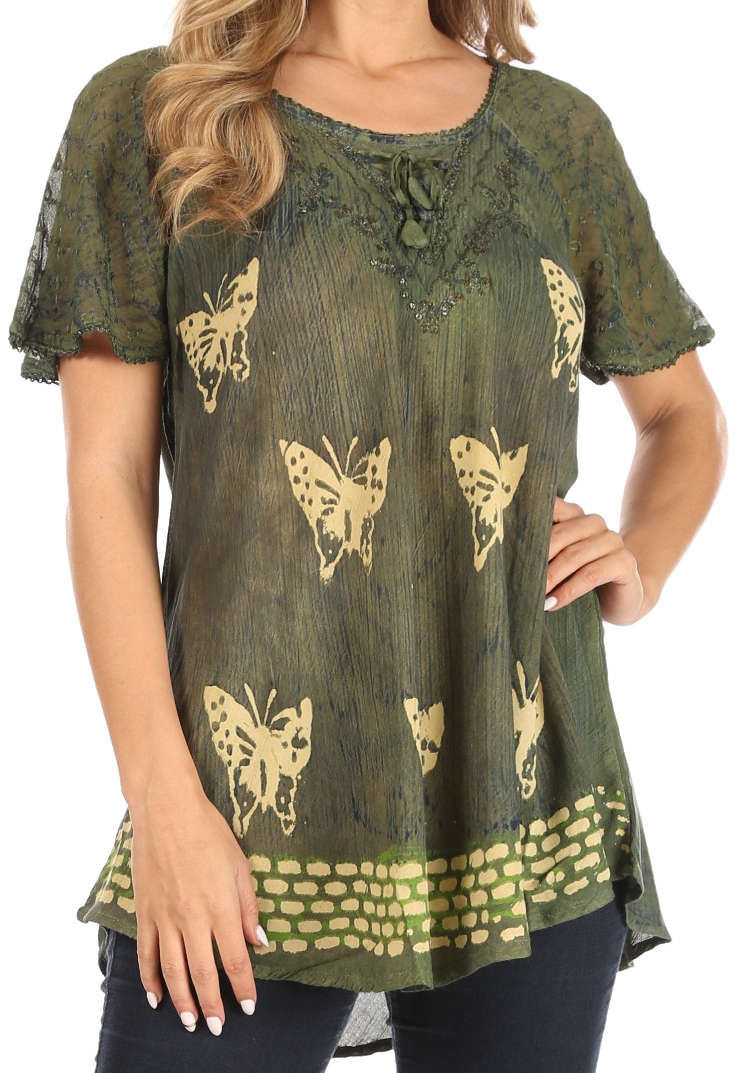 Sakkas - Petra Casual Loose Flared Corset Short Sleeve Lace Blouse Top Tunic