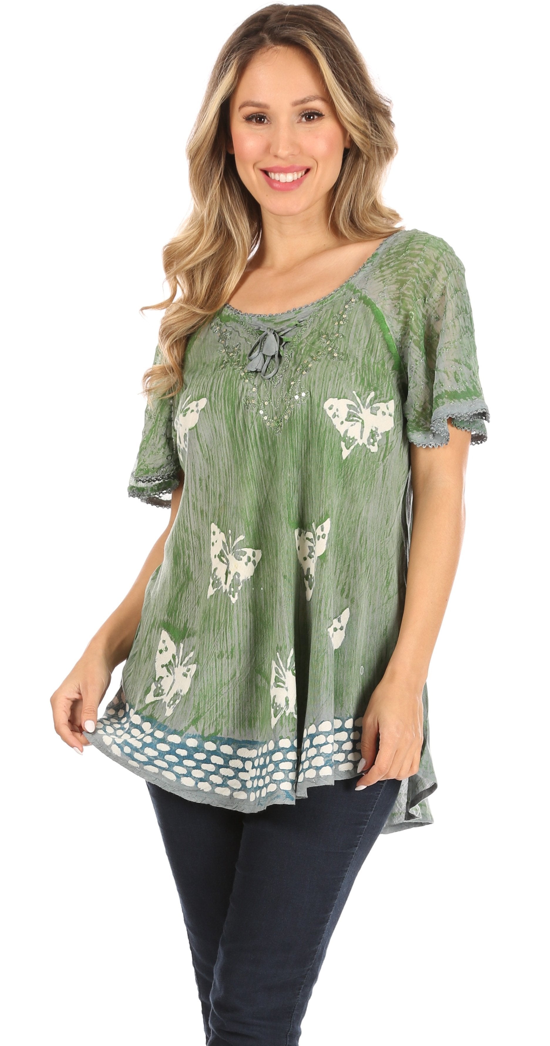 Sakkas - Petra Casual Loose Flared Corset Short Sleeve Lace Blouse Top Tunic