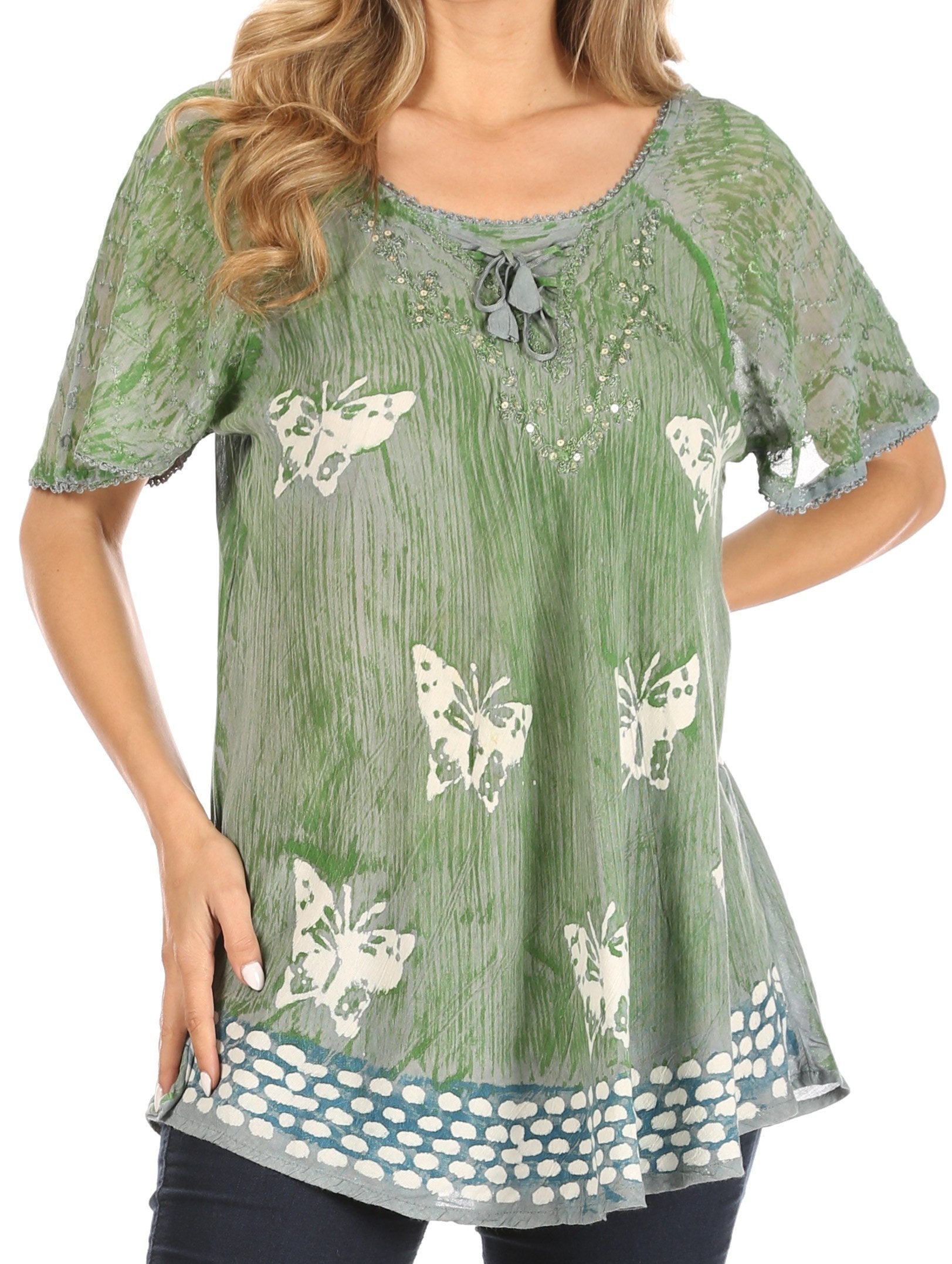 Sakkas - Petra Casual Loose Flared Corset Short Sleeve Lace Blouse Top Tunic